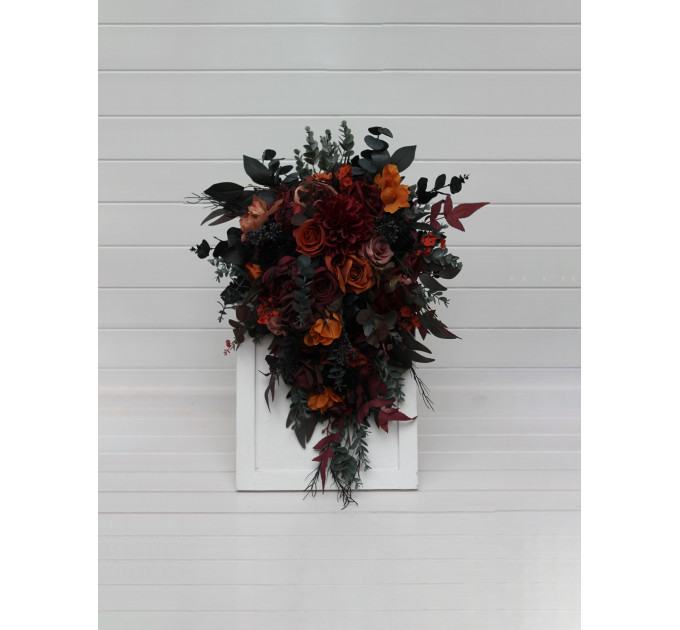 Burgundy, Black, Rust & Dusty Rose Cascading Bouquet – Moody Faux Wedding Flowers