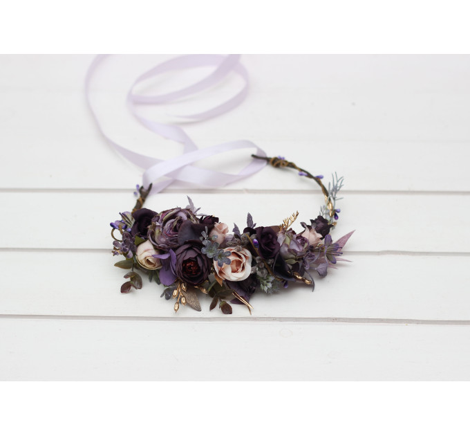 Purple, Lilac, Gold & Beige Flower Crown – Elegant Faux Wedding Hair Wreath