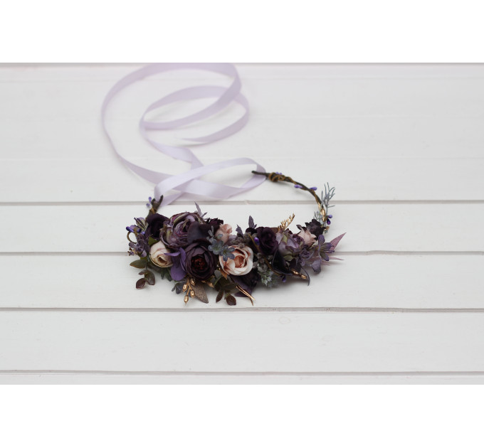Purple, Lilac, Gold & Beige Flower Crown – Elegant Faux Wedding Hair Wreath