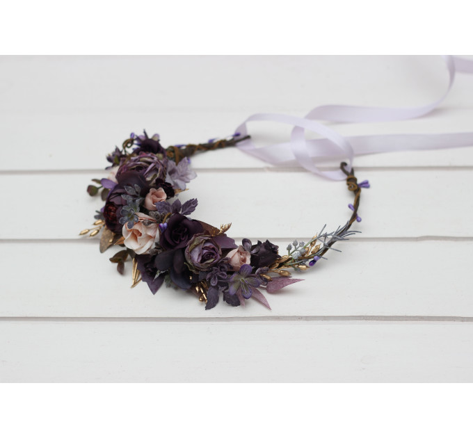 Purple, Lilac, Gold & Beige Flower Crown – Elegant Faux Wedding Hair Wreath