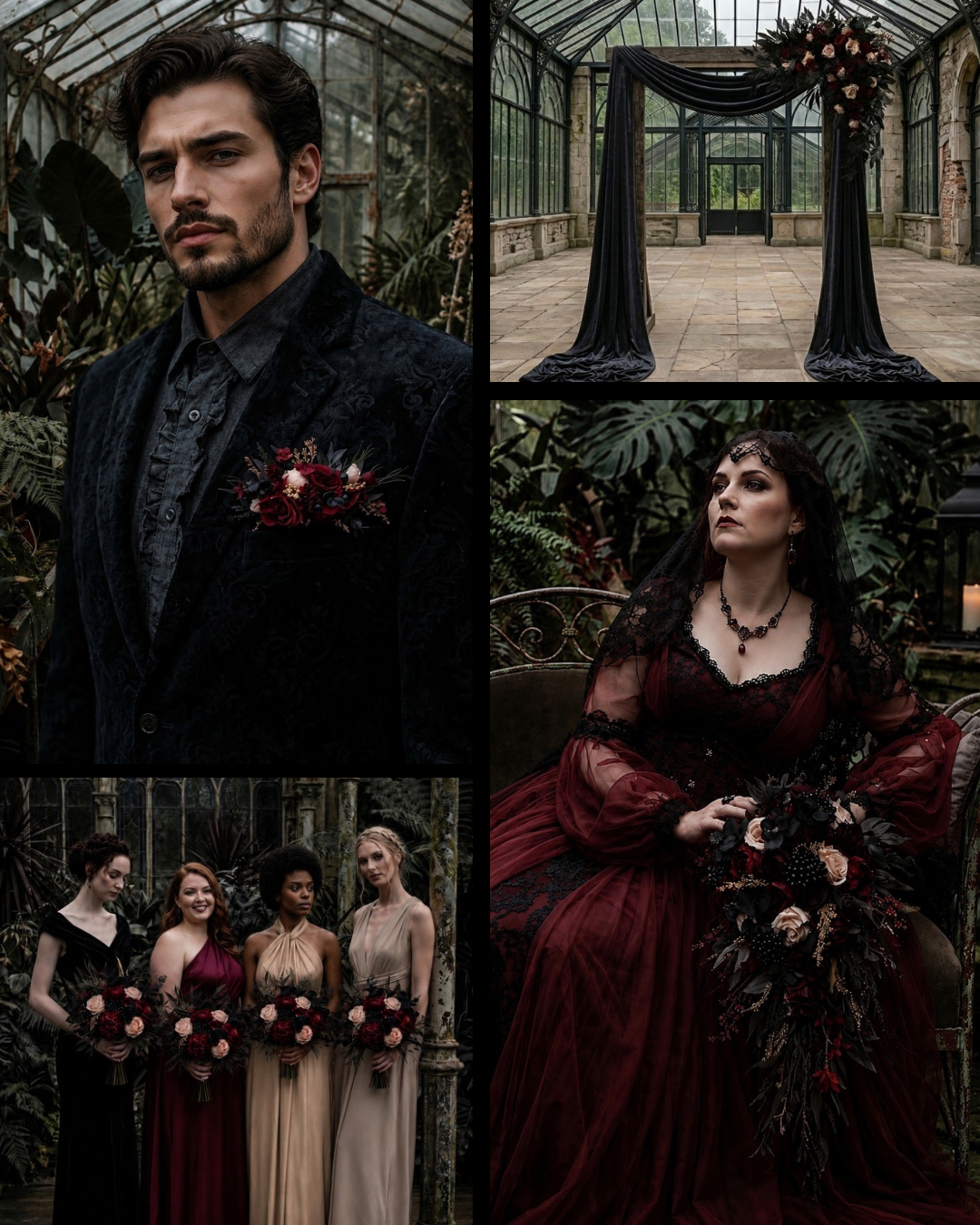 Burgundy black gold and beige gothic wedding inspiration board