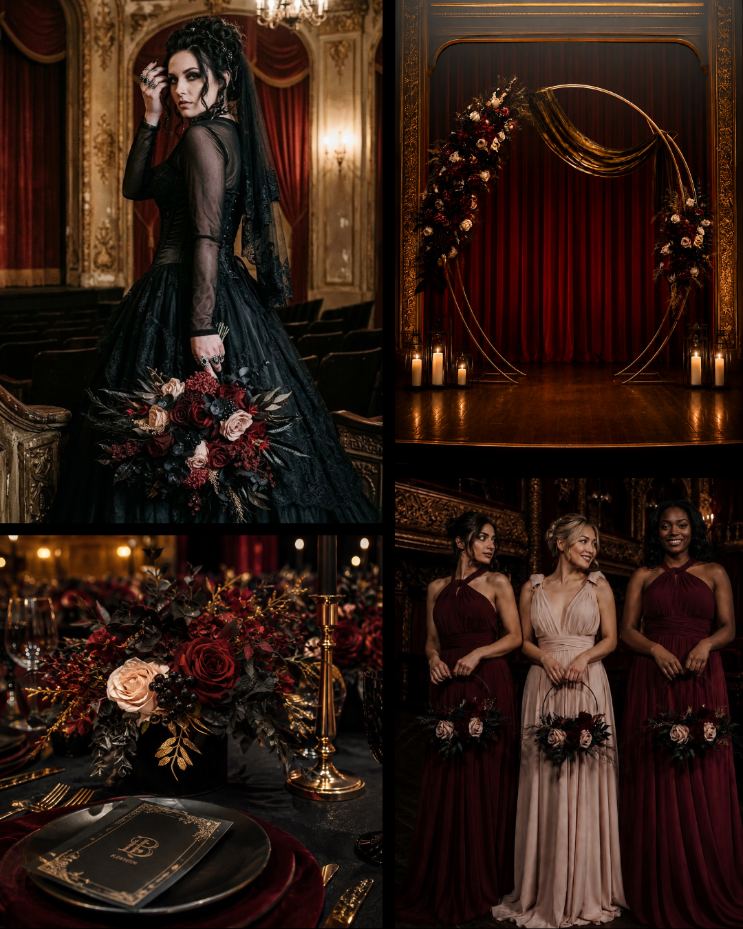 Burgundy black gold and beige wedding styling inspiration board
