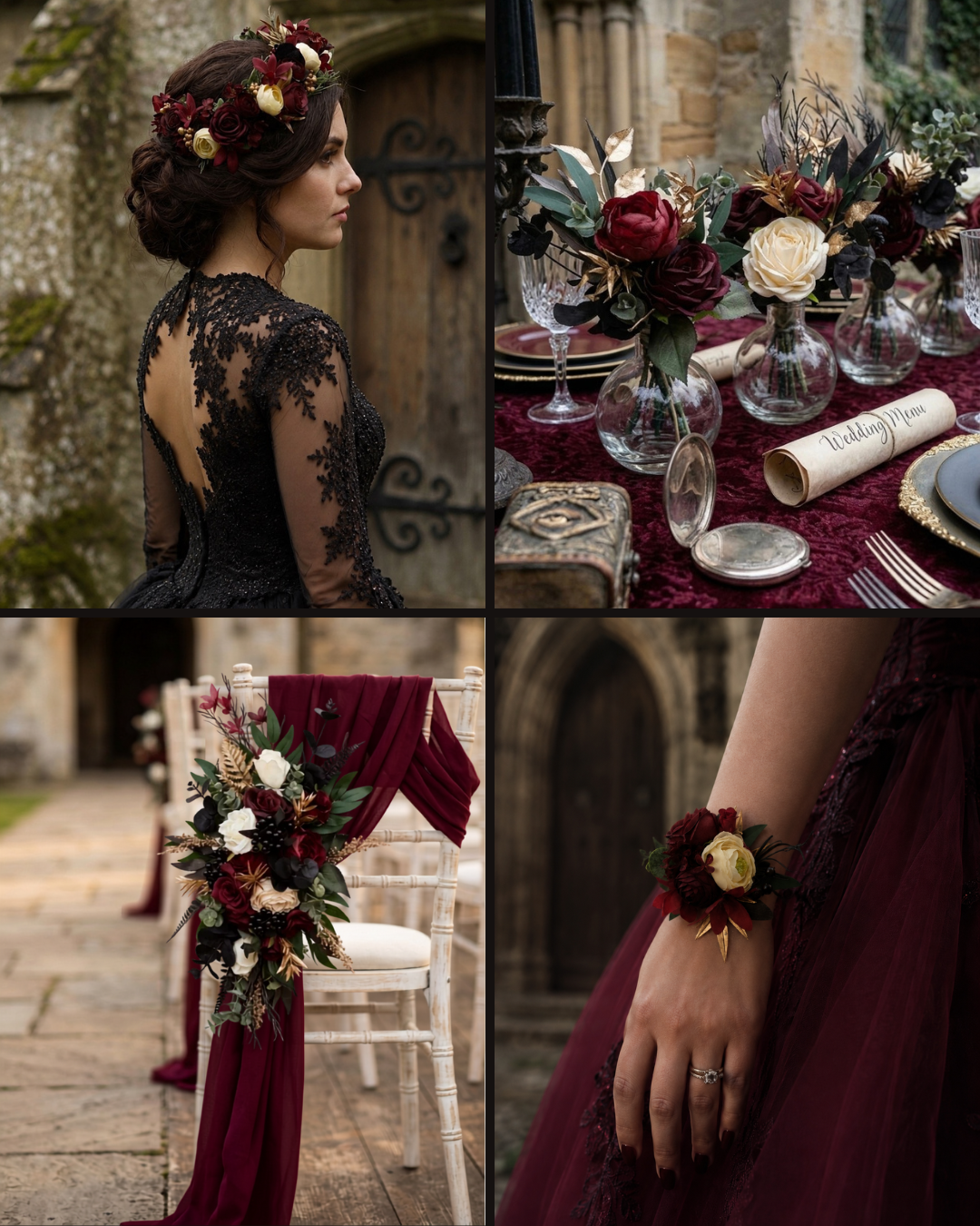 Burgundy black gold and ivory gothic wedding inspiration board