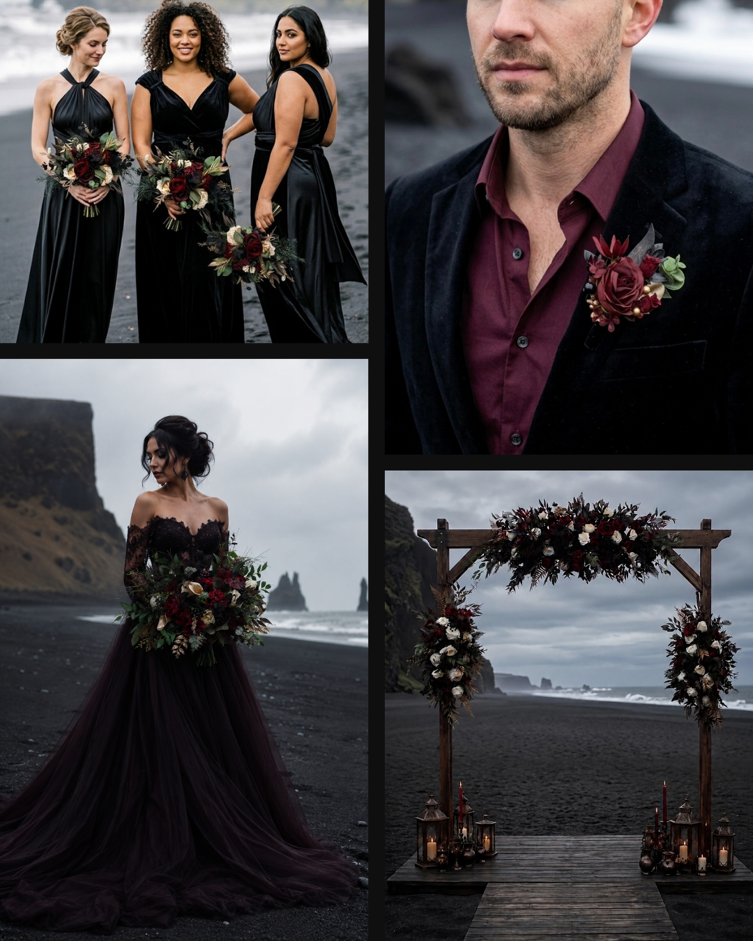 Burgundy black gold and ivory wedding styling inspiration board