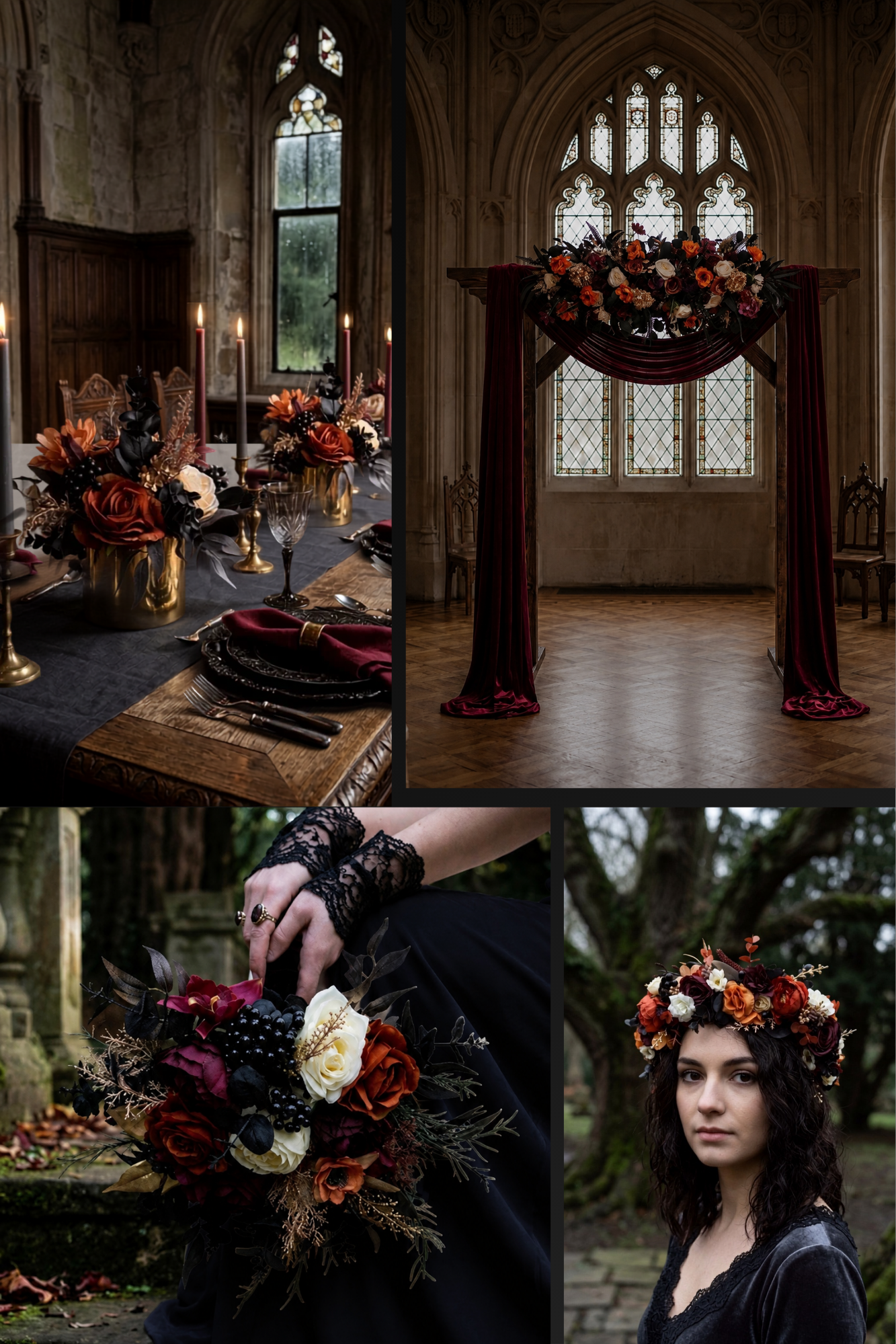 Purple black rust and gold wedding styling inspiration board