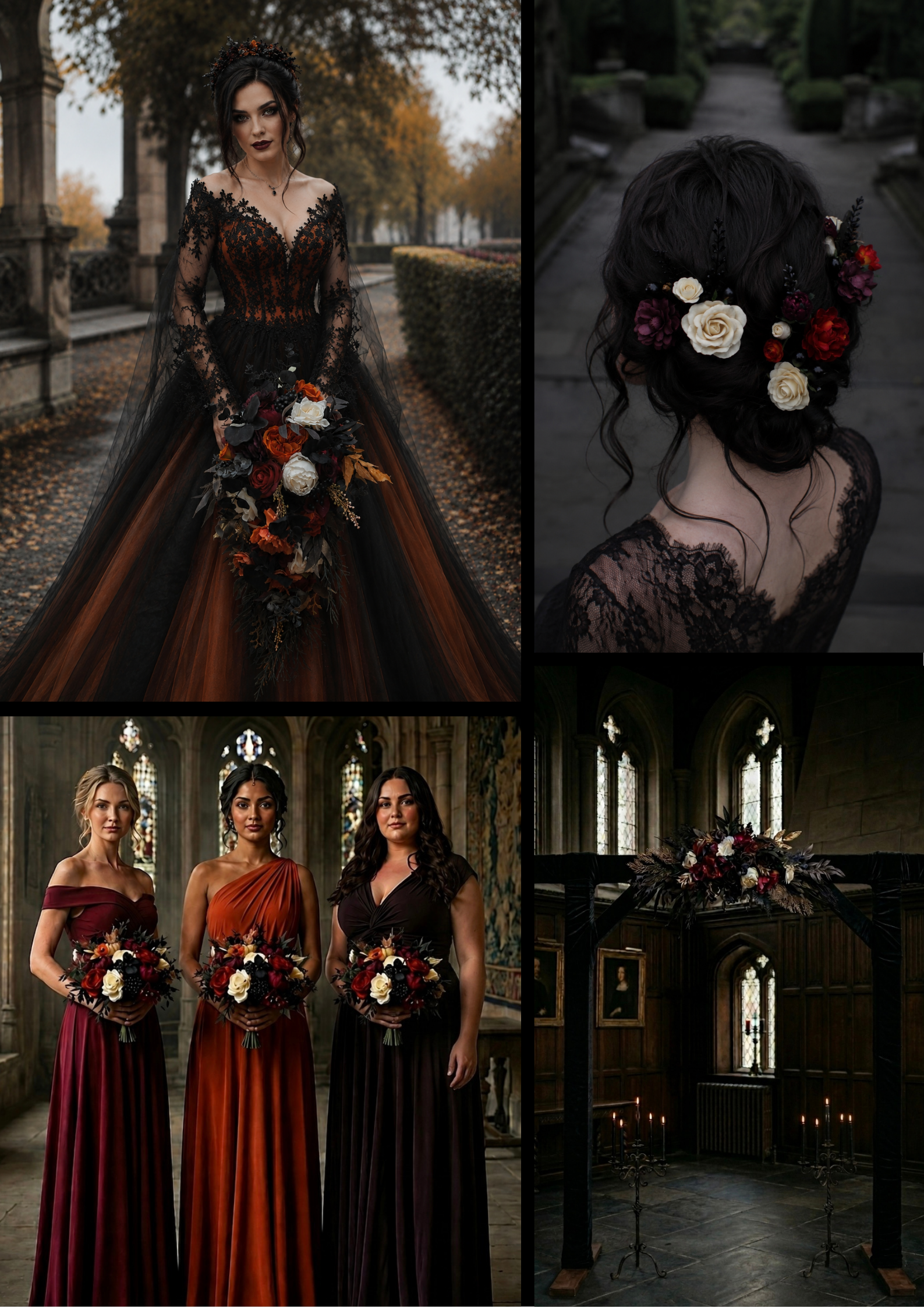 Purple black rust and gold gothic wedding inspiration board