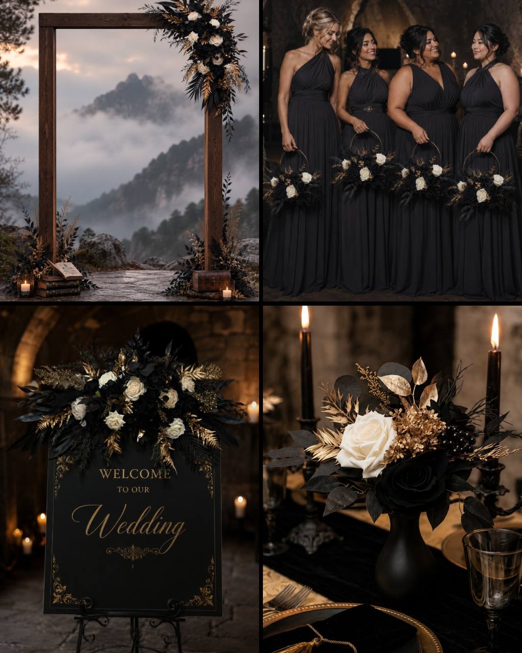 Ivory black and gold gothic wedding inspiration board