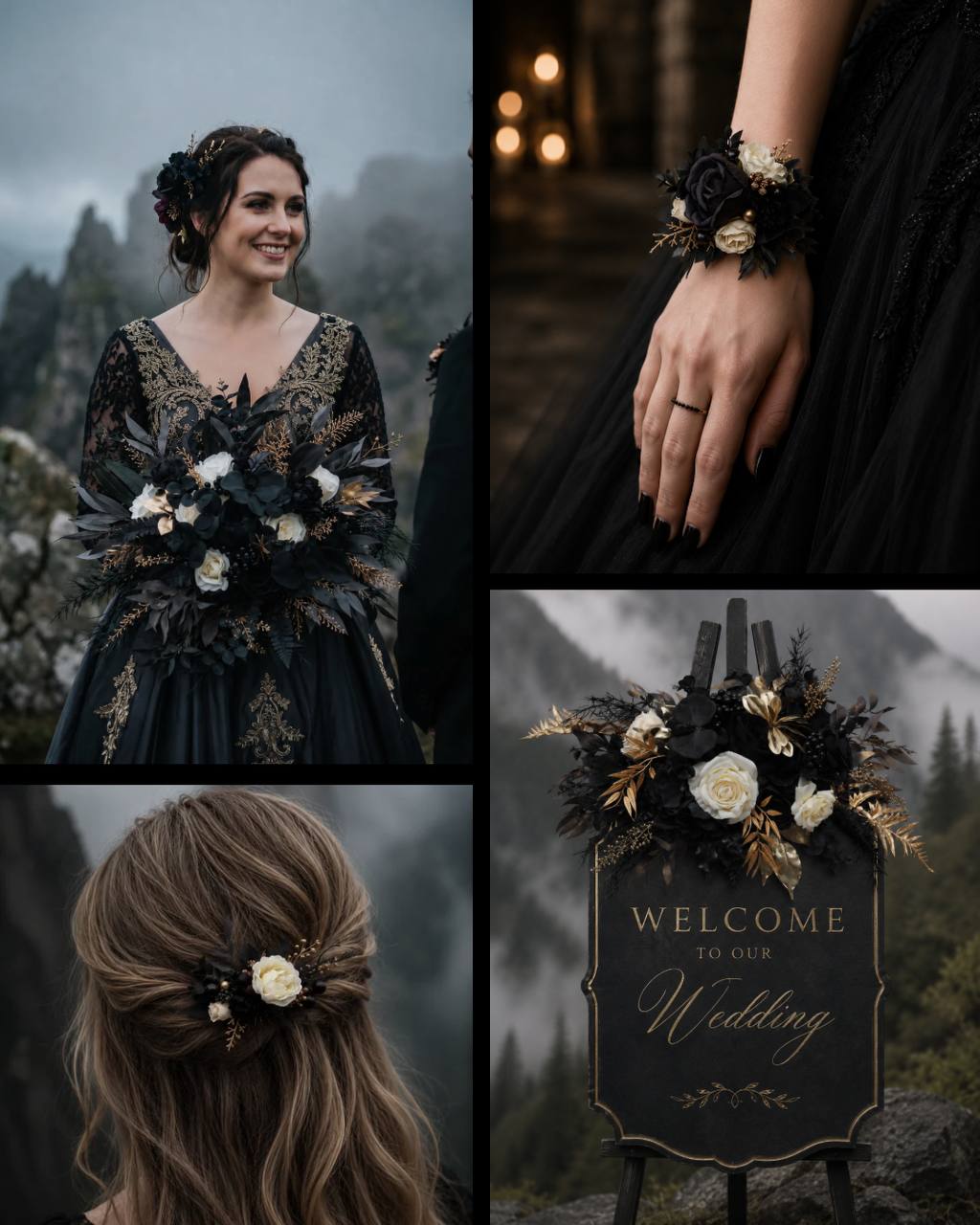 Ivory black and gold wedding styling inspiration board