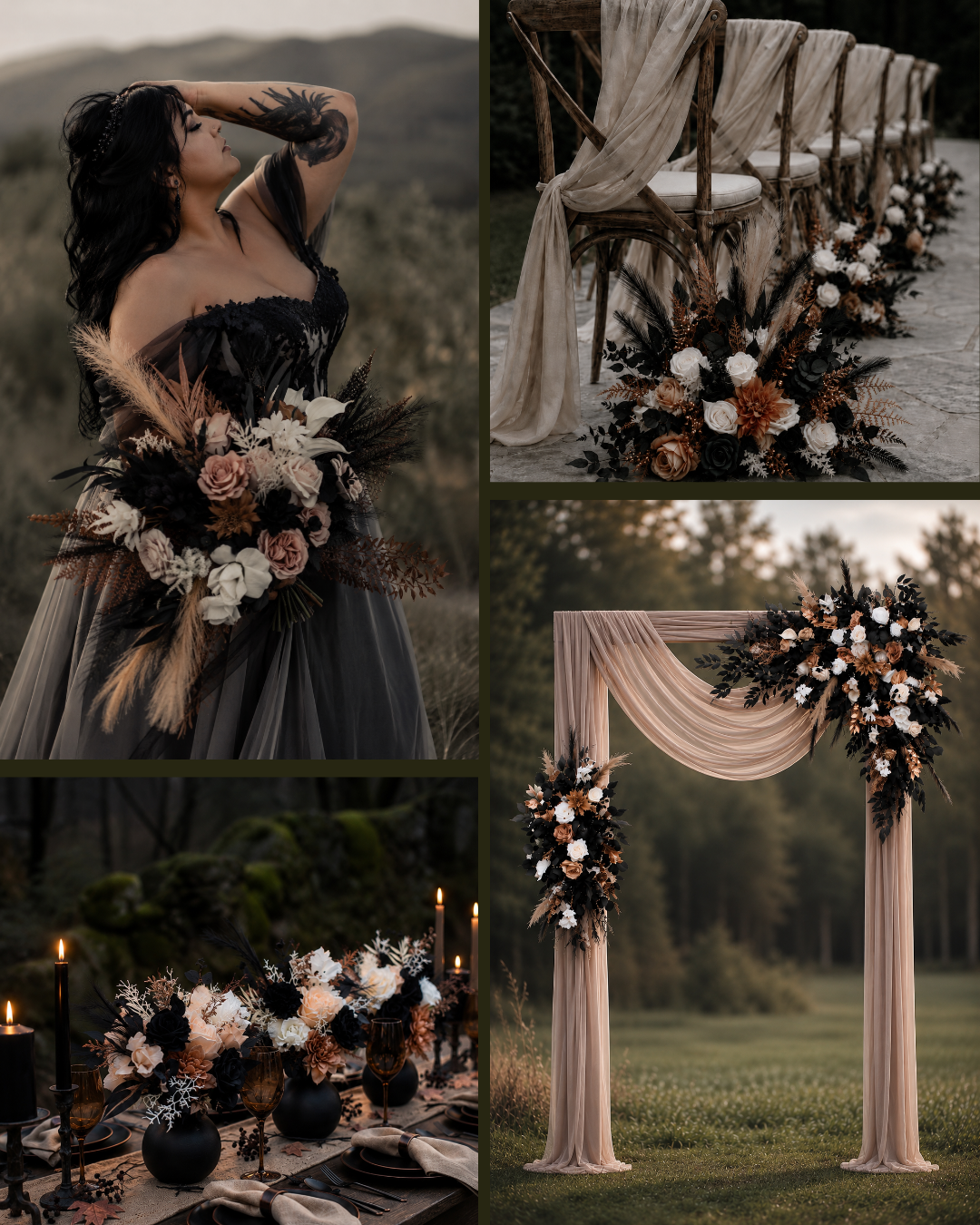 Dusty rose black cinnamon and white gothic wedding inspiration board