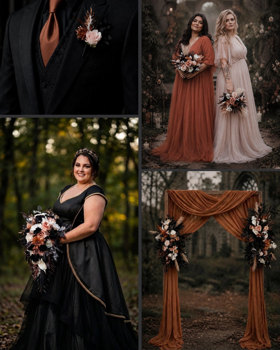 Dusty rose black cinnamon and white moody wedding styling board