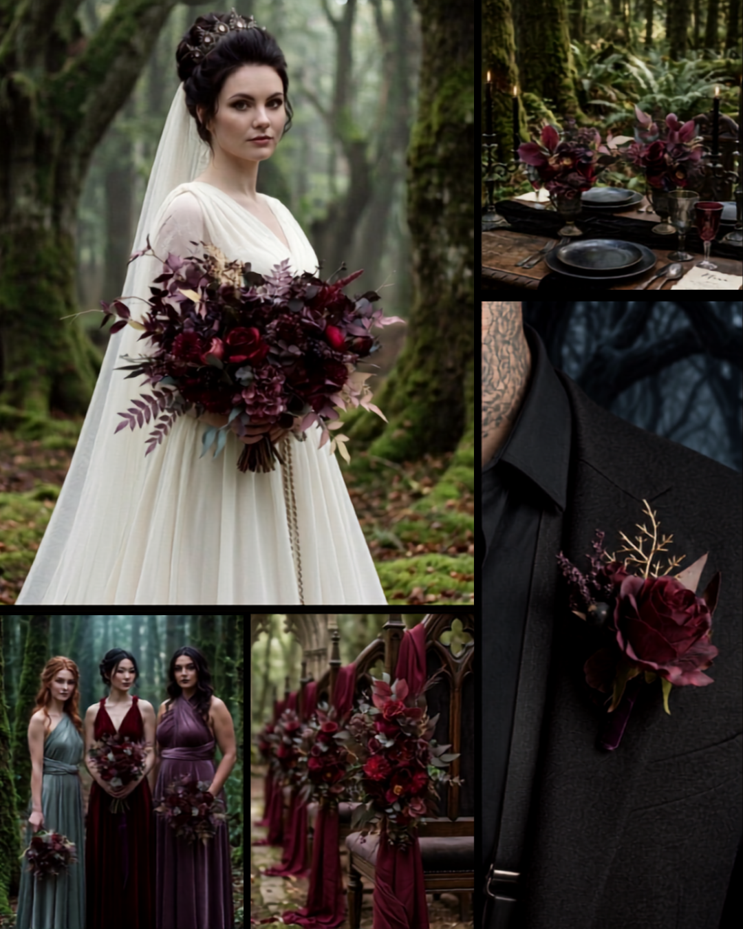 Deep purple burgundy and gold gothic wedding inspiration board