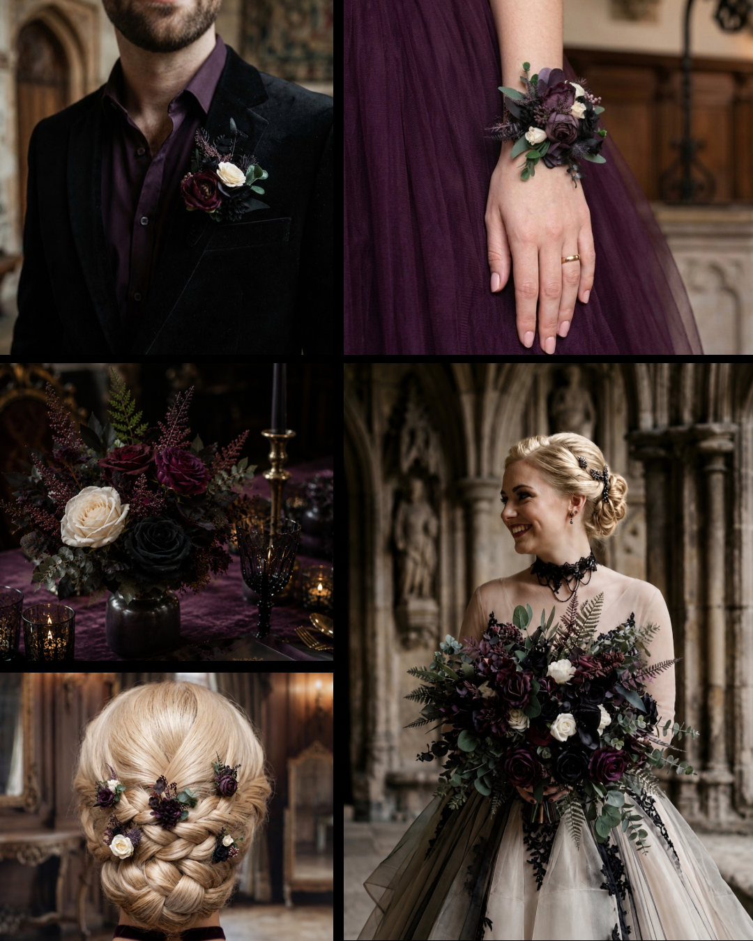 Deep purple black ivory and green gothic wedding inspiration board
