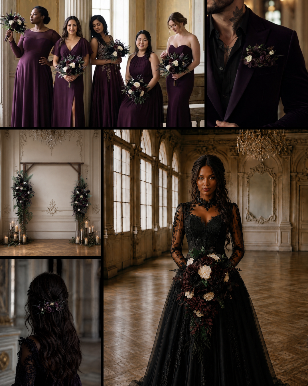 Deep purple black ivory and green wedding styling inspiration board