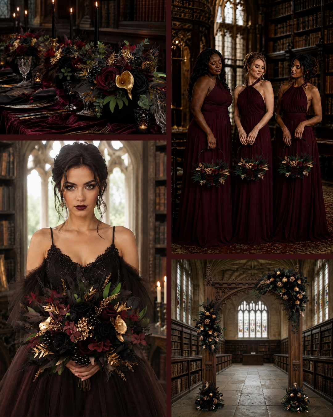 Black burgundy and gold gothic wedding inspiration board