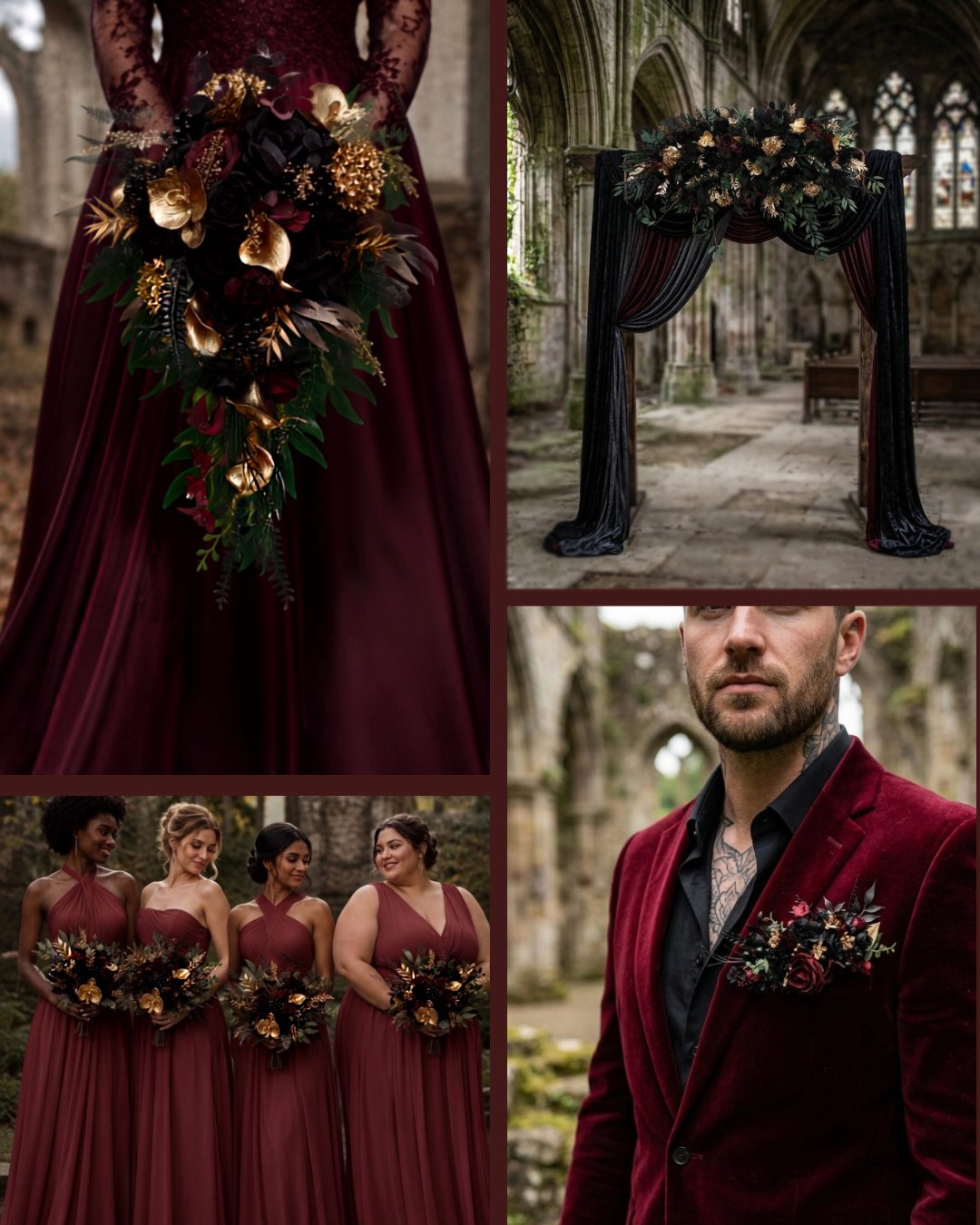 Black burgundy and gold wedding styling inspiration board