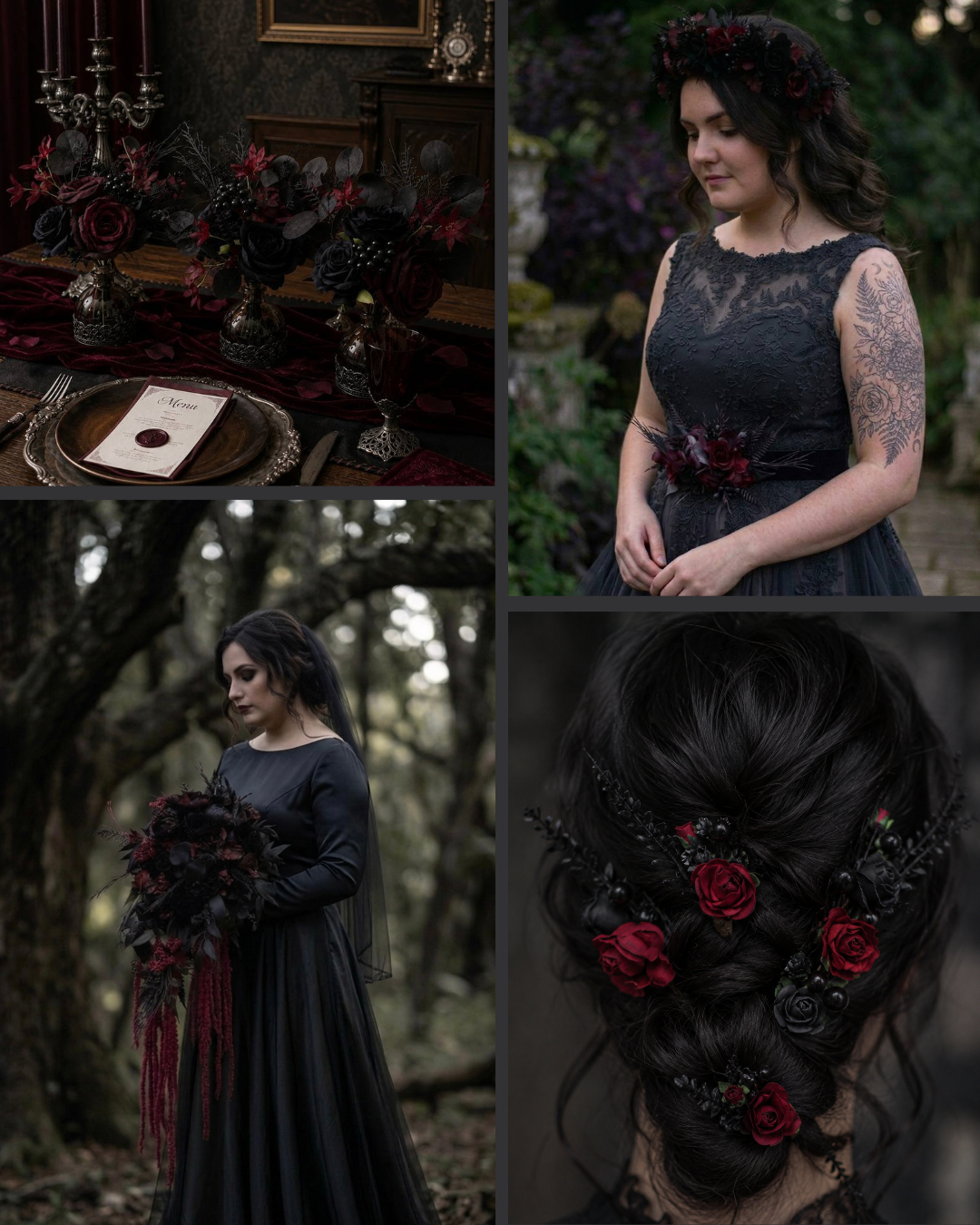 Burgundy and black gothic bridal styling inspiration board