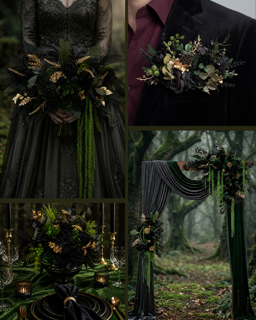 Moody forest green black and gold gothic wedding inspiration board