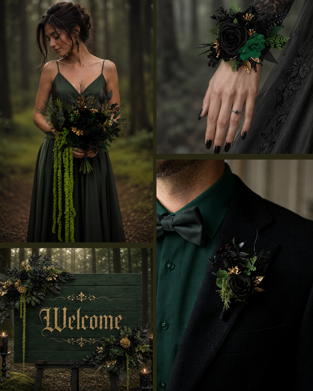 Forest green black and gold gothic bridal styling inspiration board