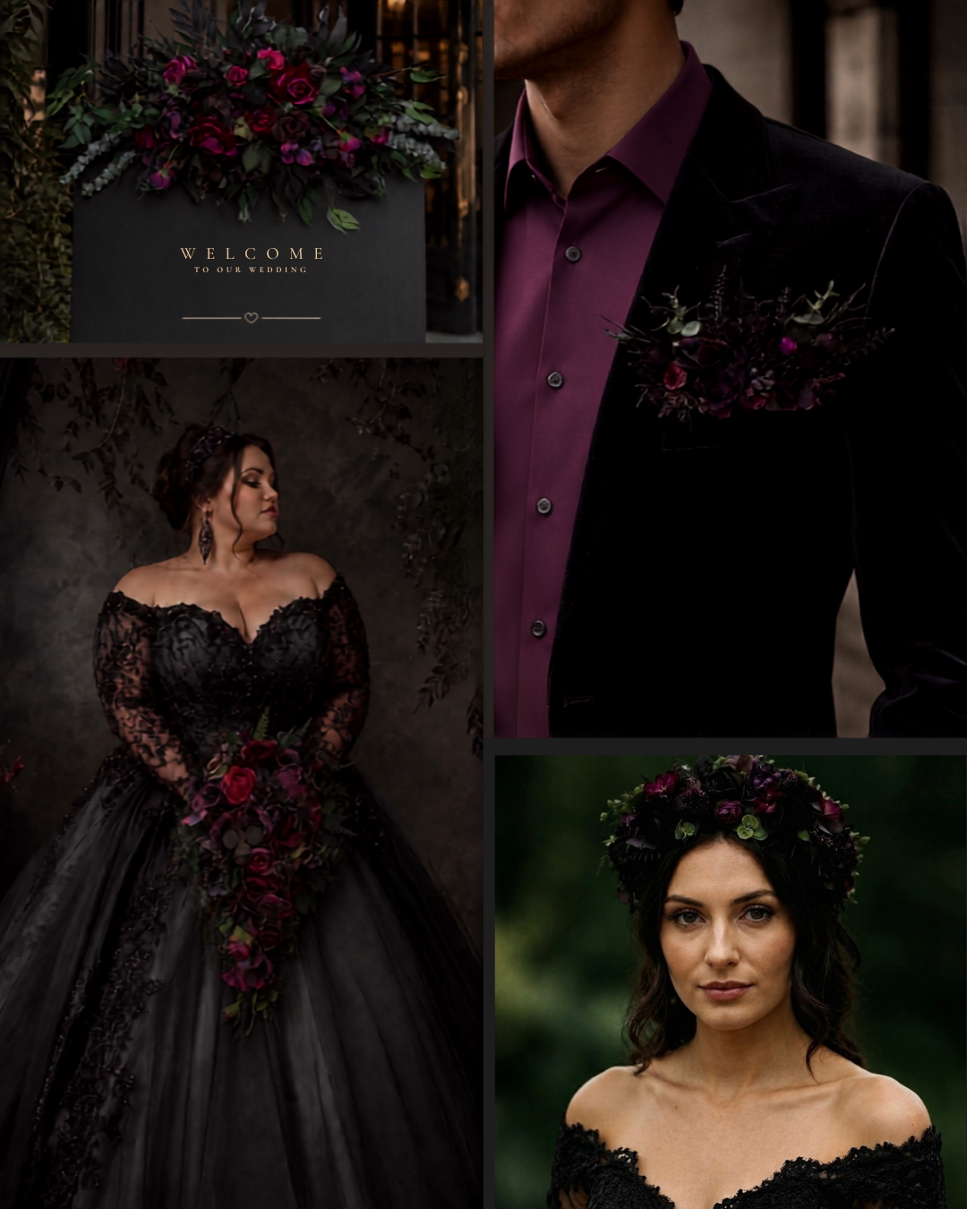 Black purple and magenta moody wedding styling board