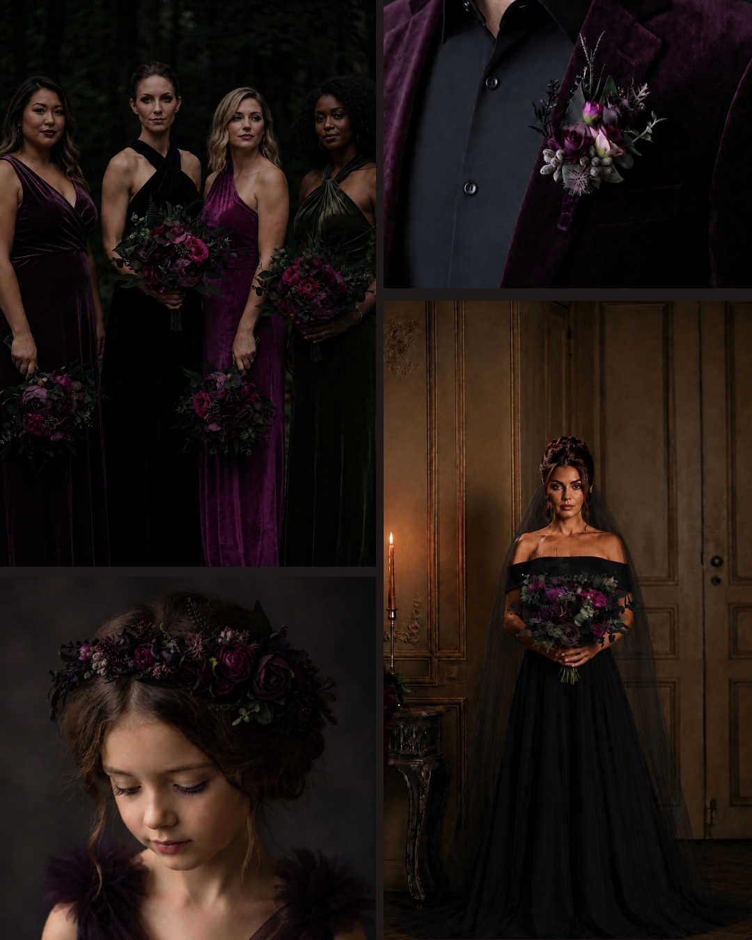 Black purple and magenta gothic wedding inspiration board