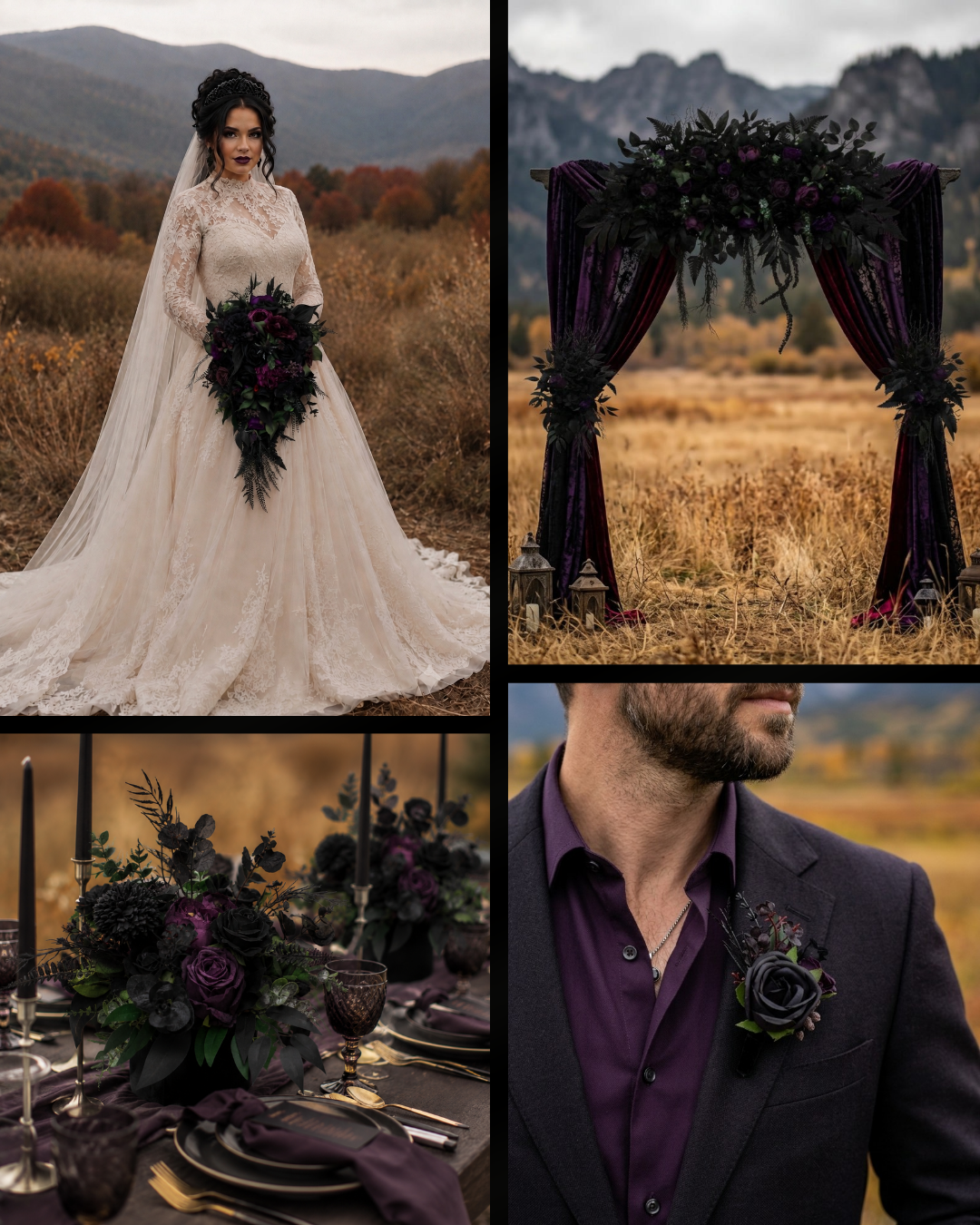 Deep purple royal purple black and green gothic wedding inspiration board