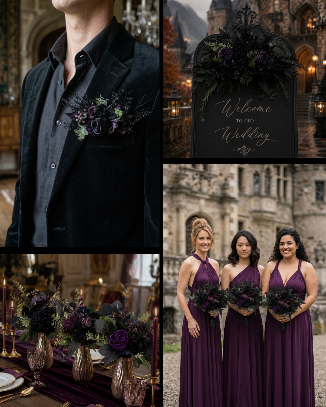 Deep purple royal purple black and green wedding styling inspiration board
