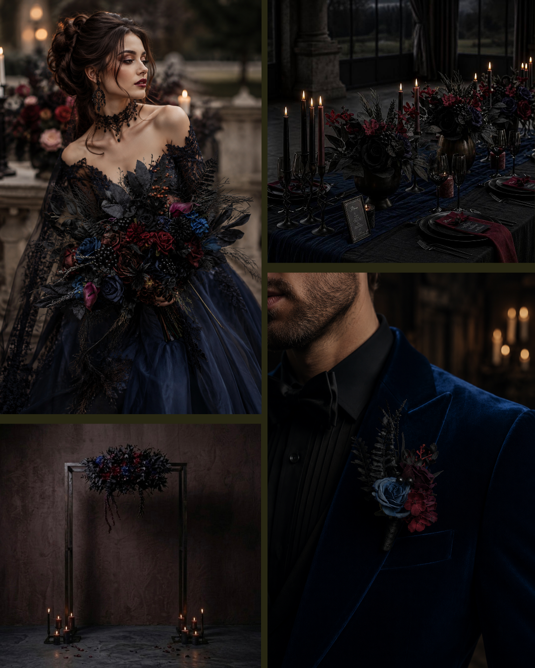Burgundy black blue and purple gothic wedding inspiration board
