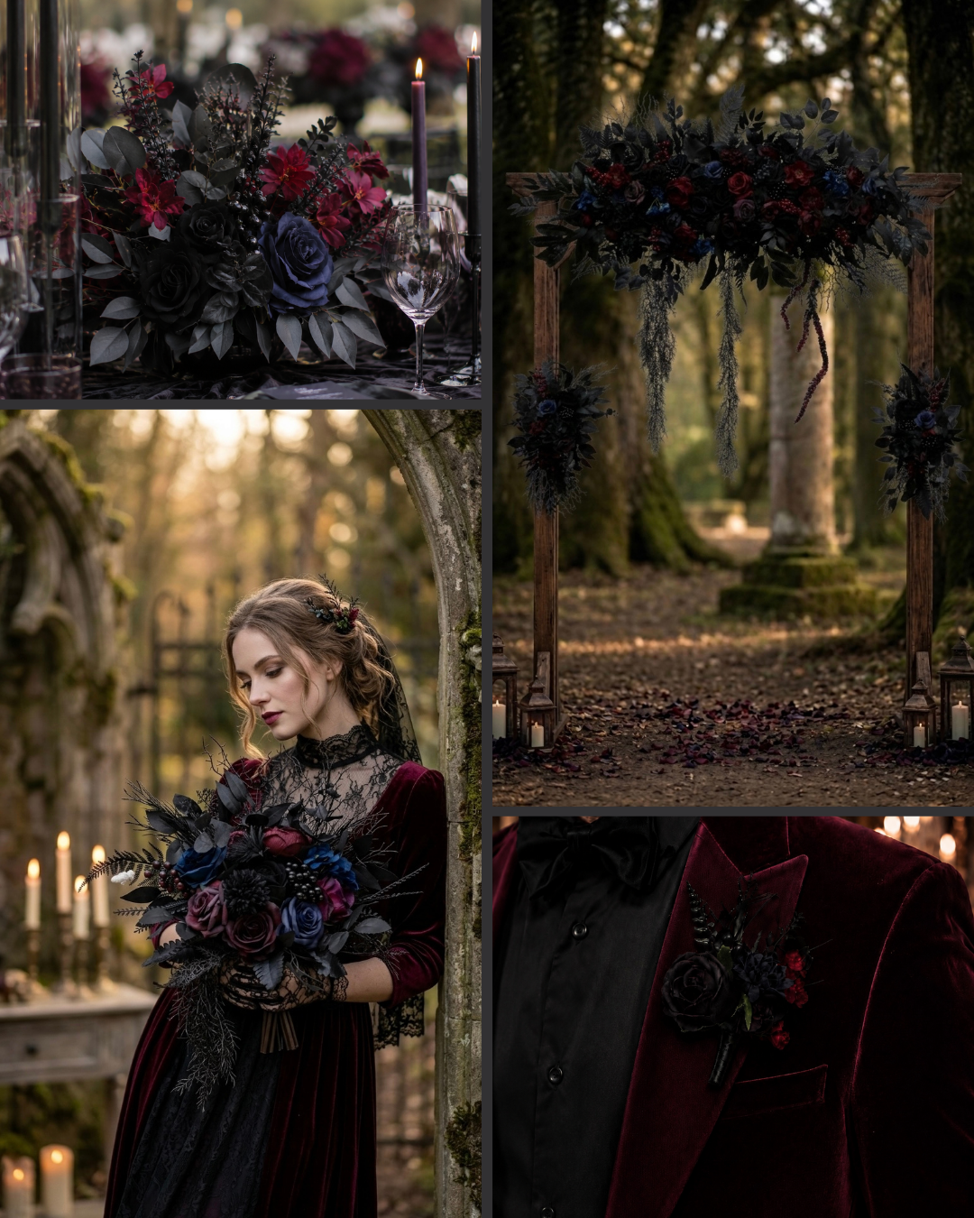 Burgundy black blue and purple moody wedding styling board