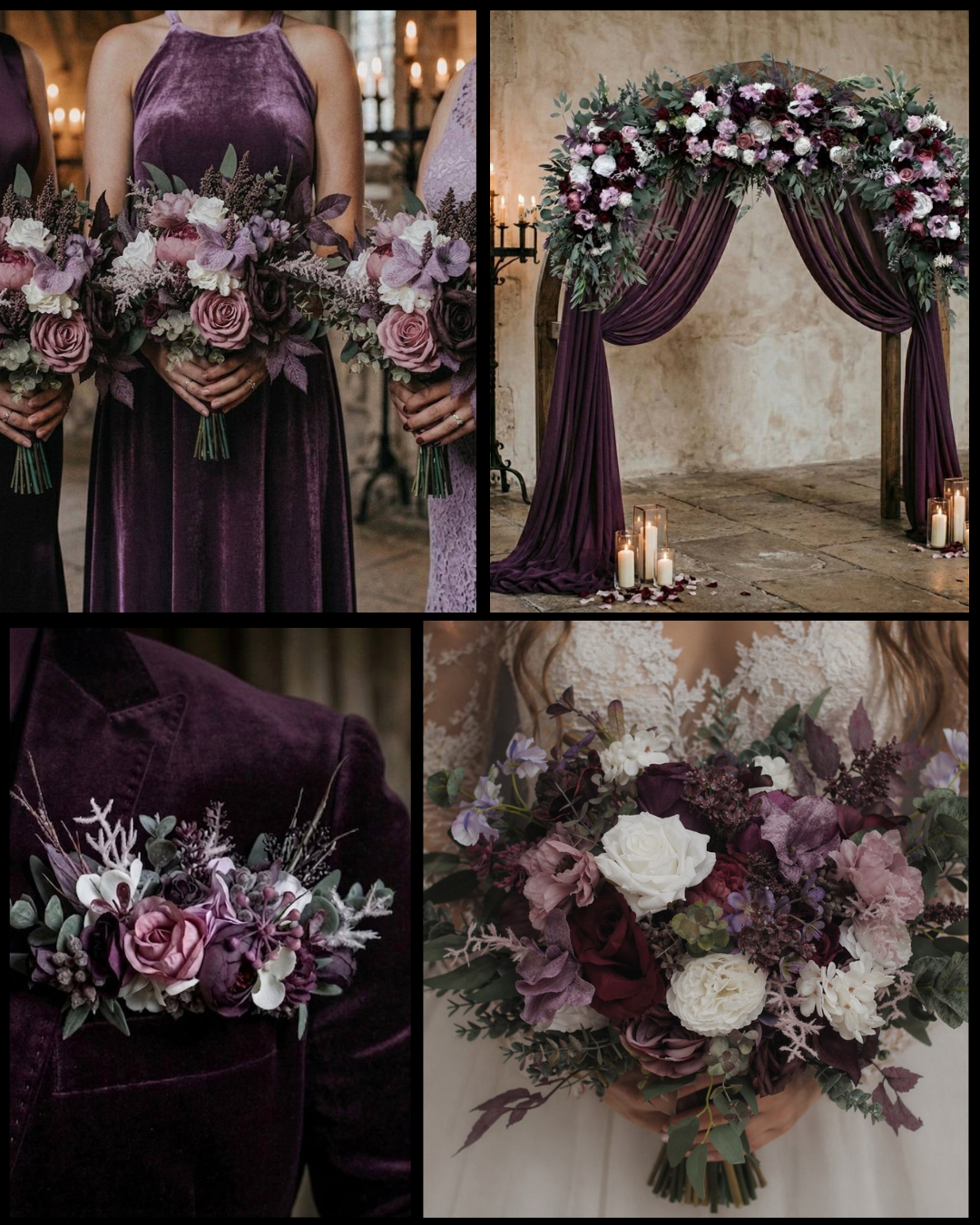 Deep purple lilac white gothic wedding moodboard