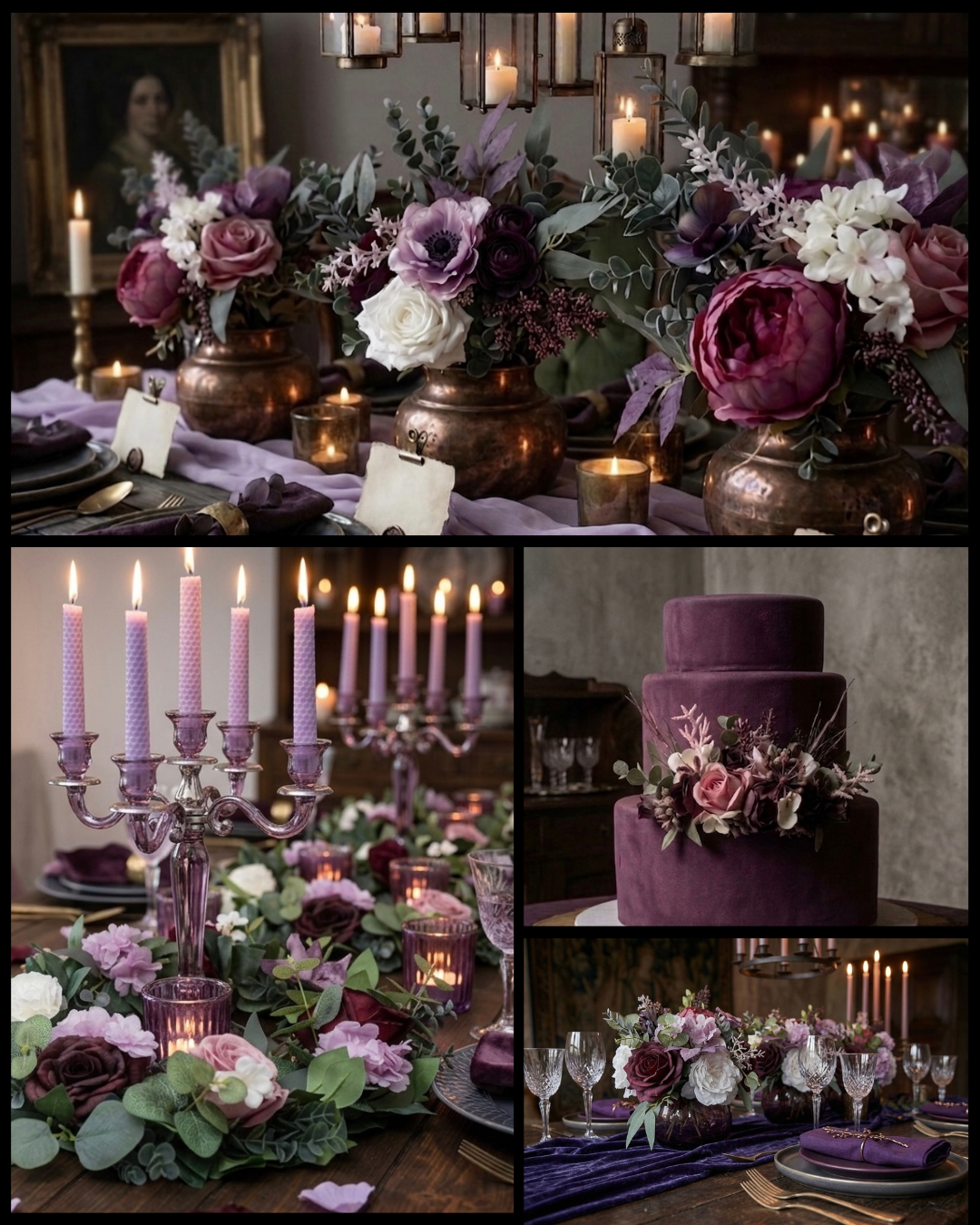 Deep purple lilac white moody wedding inspiration board
