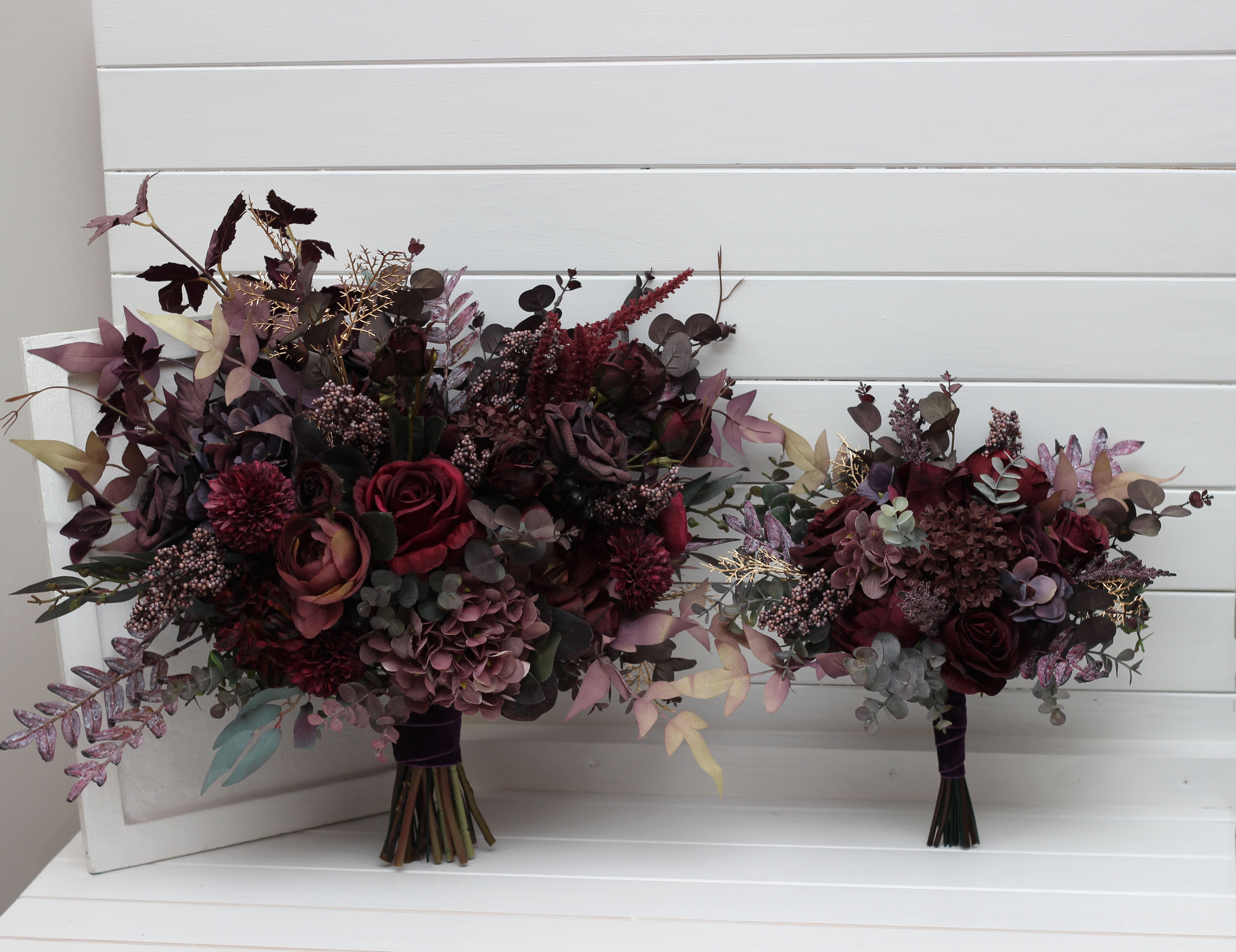 Deep purple burgundy and gold bridal bouquet