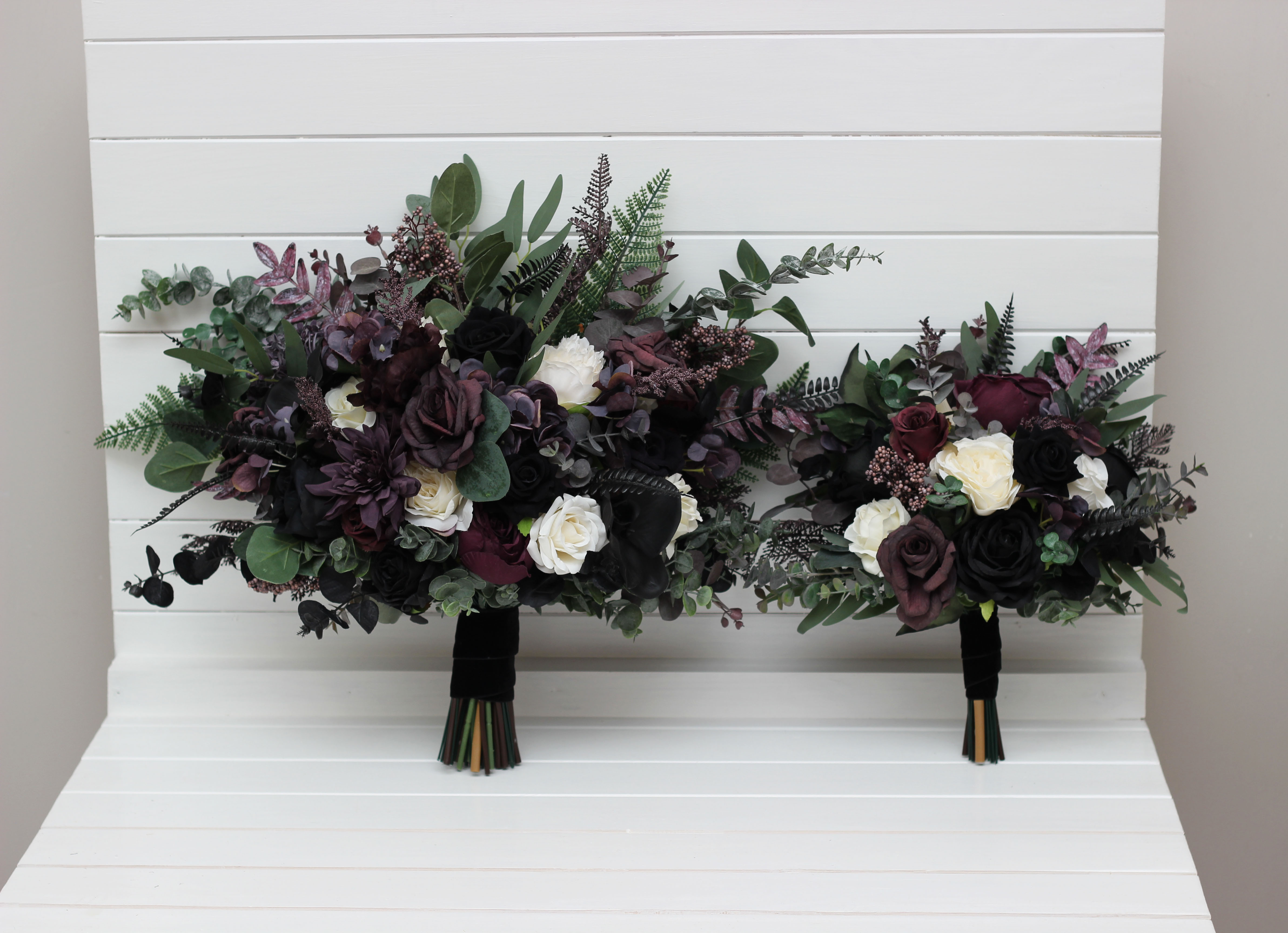 Deep purple black ivory and green bridal bouquet