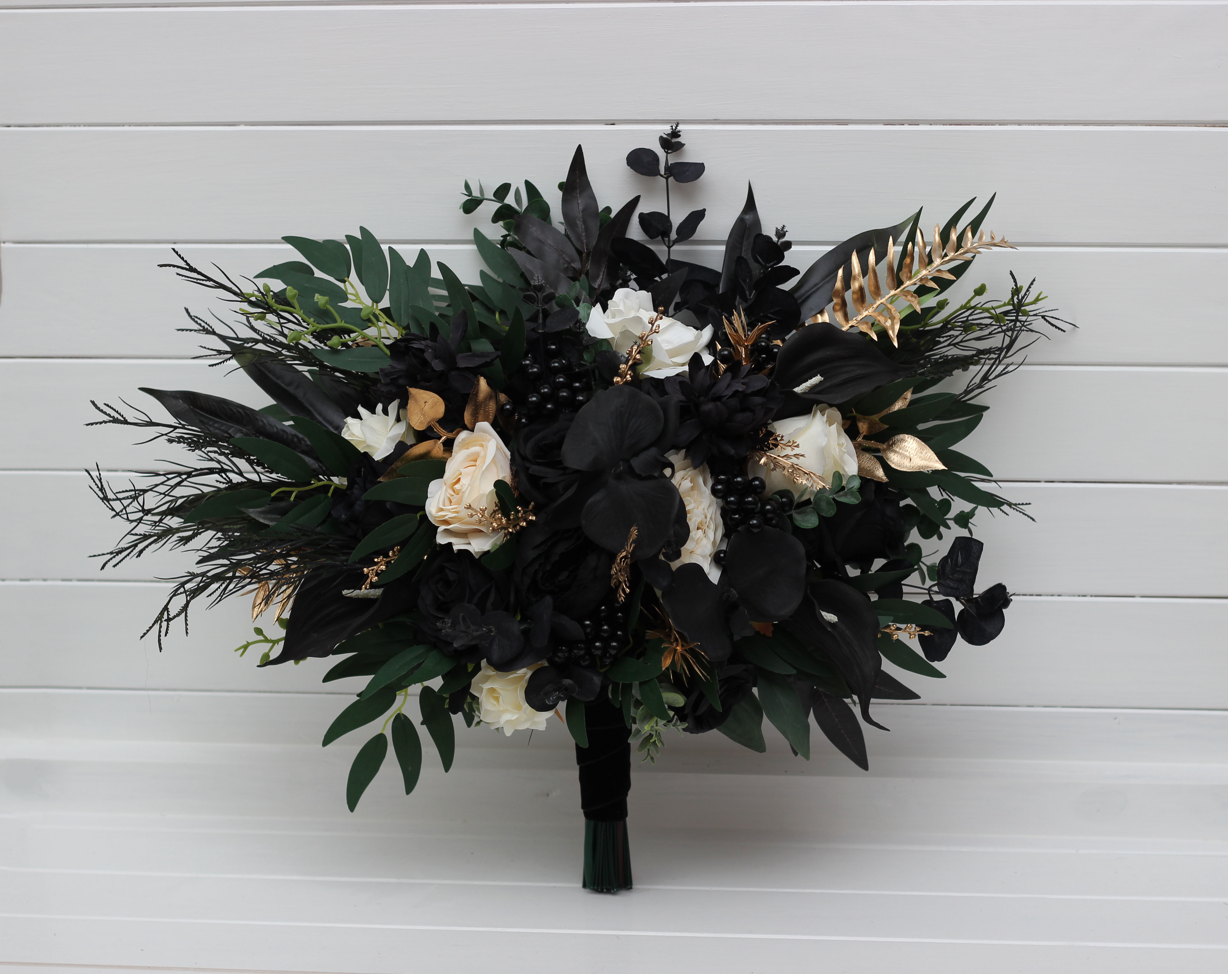 Hunter green ivory black and gold bridal bouquet