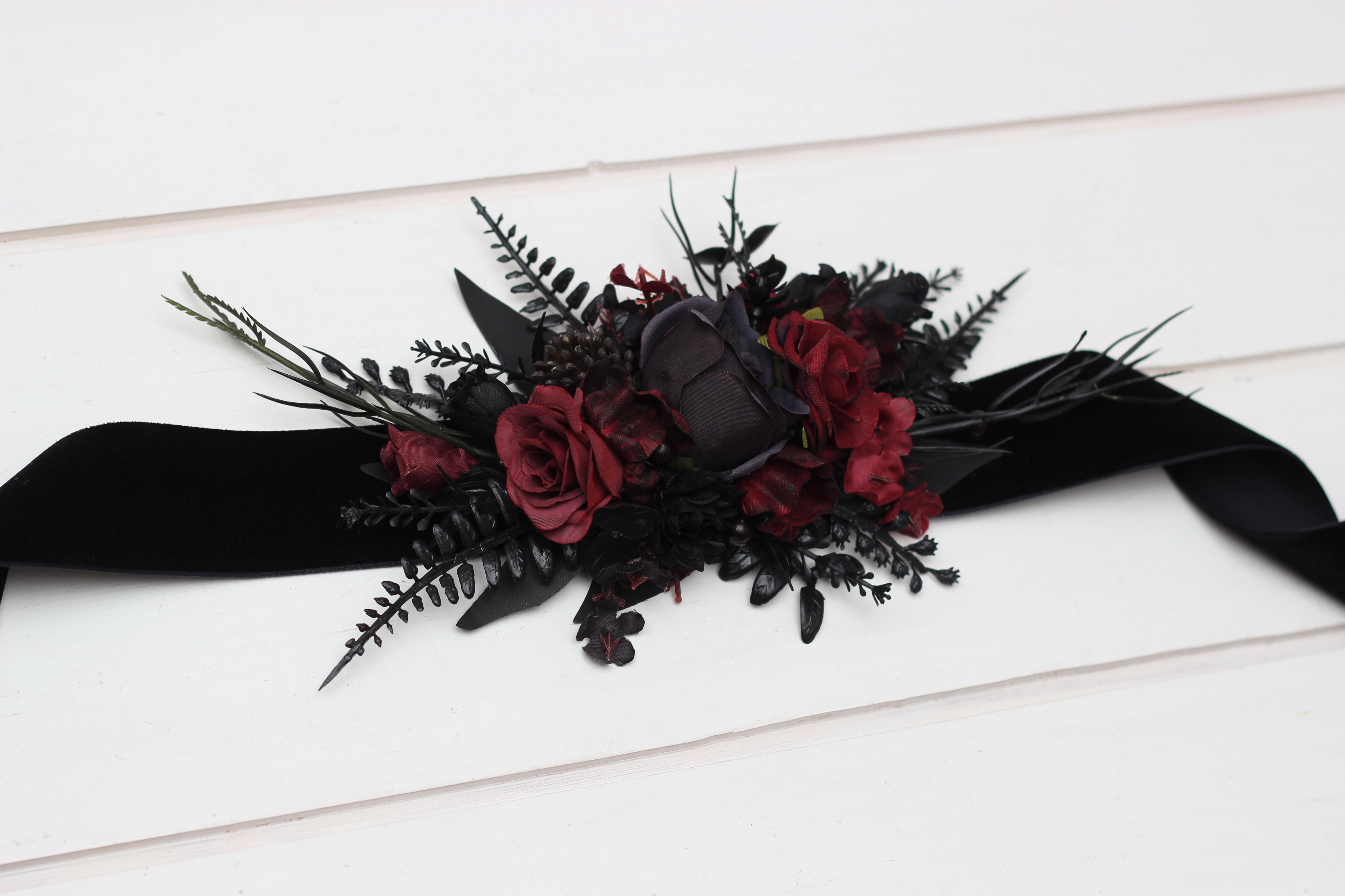 Burgundy and black gothic wedding flowers