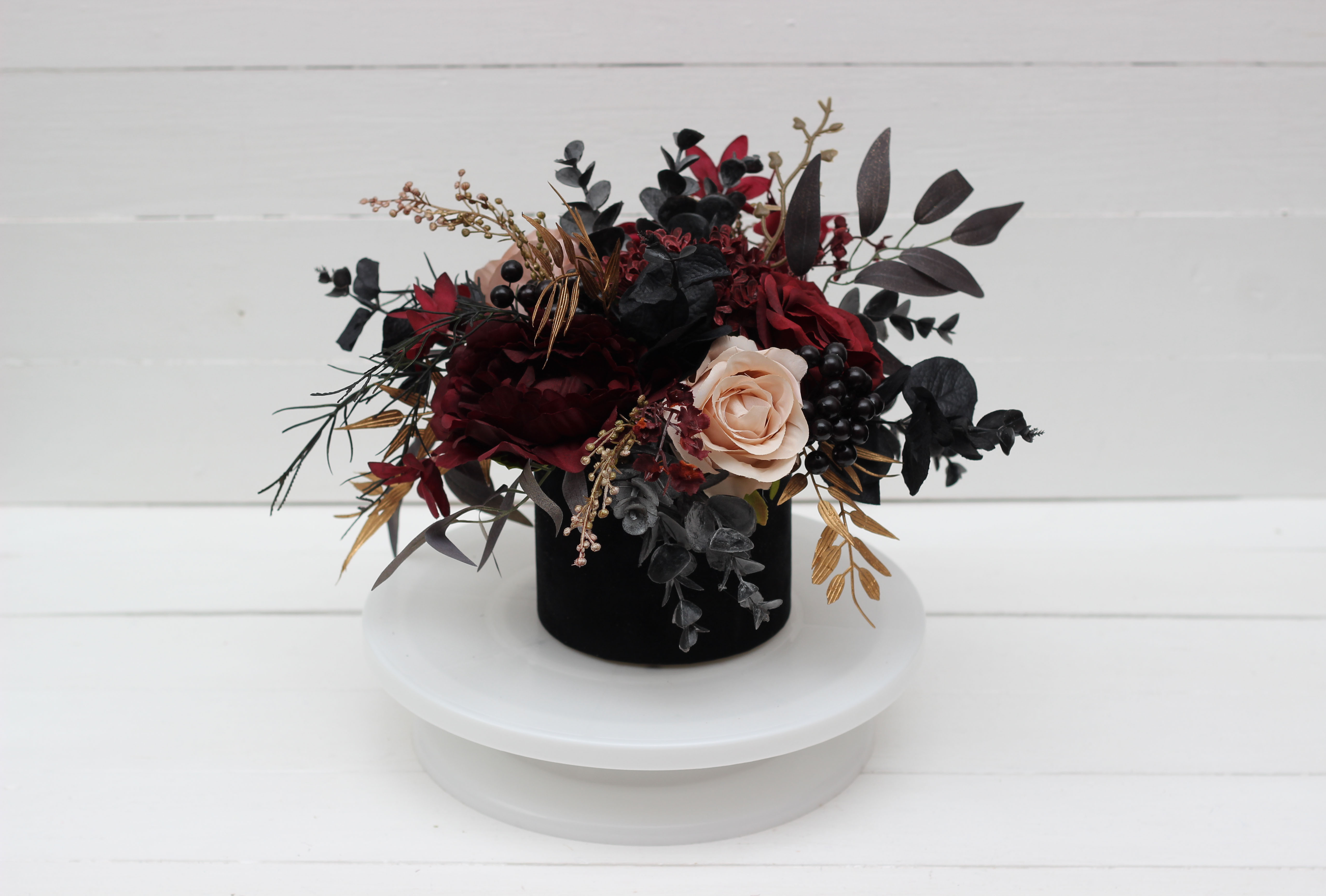 Burgundy black gold and beige wedding flowers