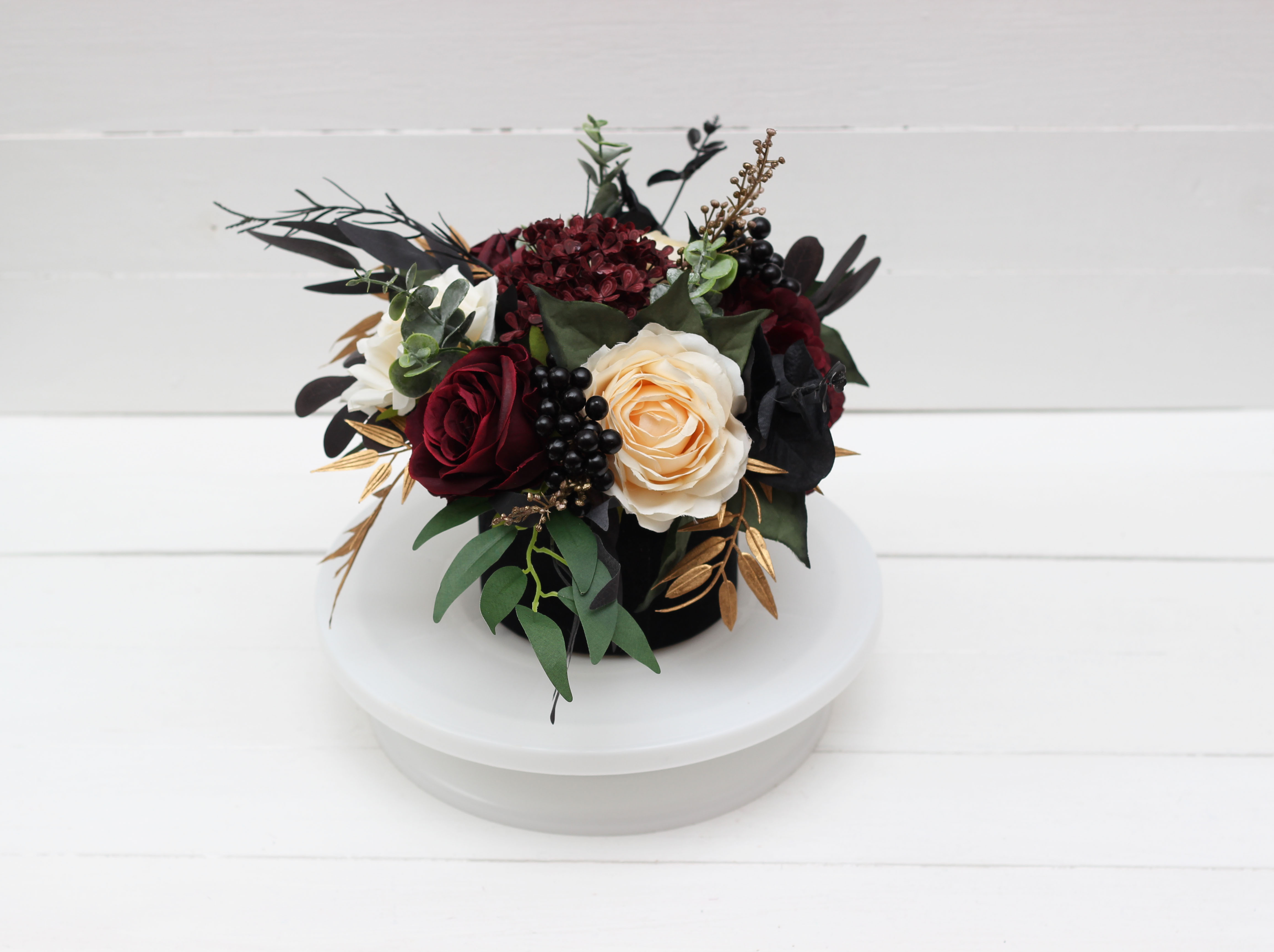 Burgundy black gold and ivory wedding flowers