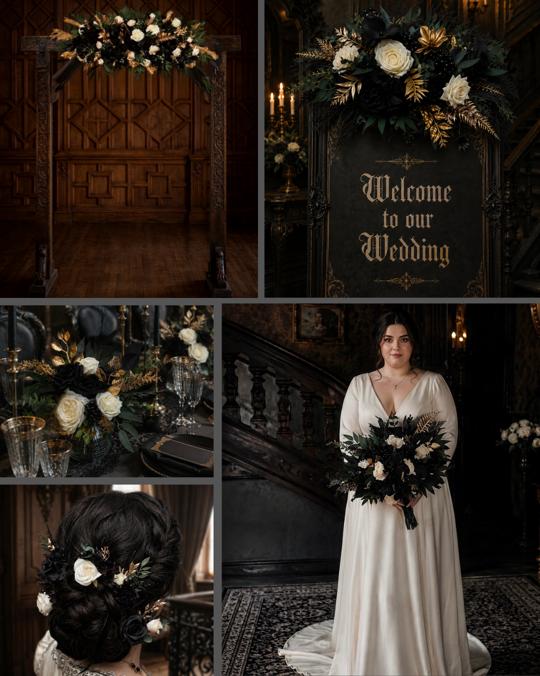 Hunter green ivory black and gold gothic wedding inspiration board