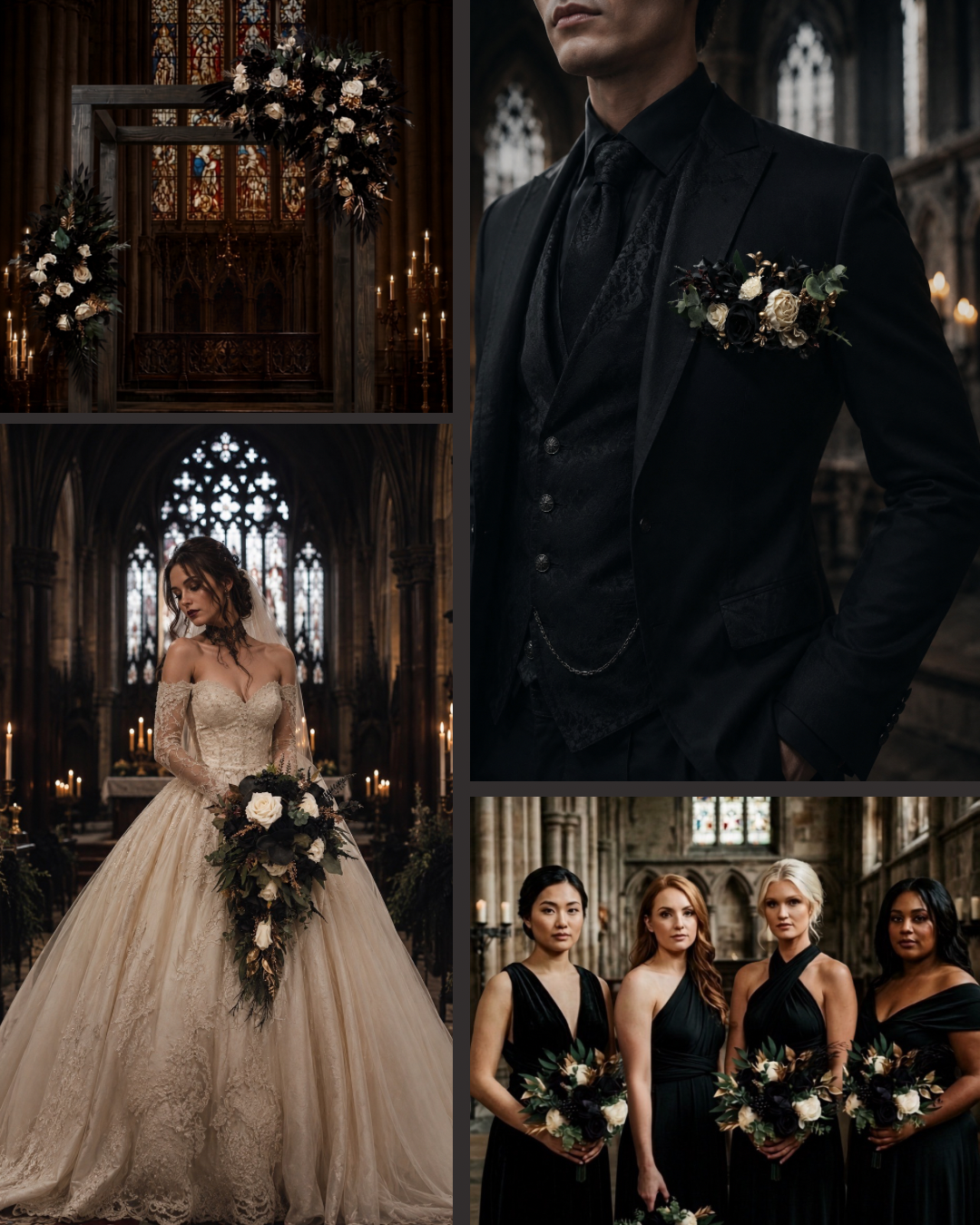 Hunter green ivory black and gold wedding styling inspiration board