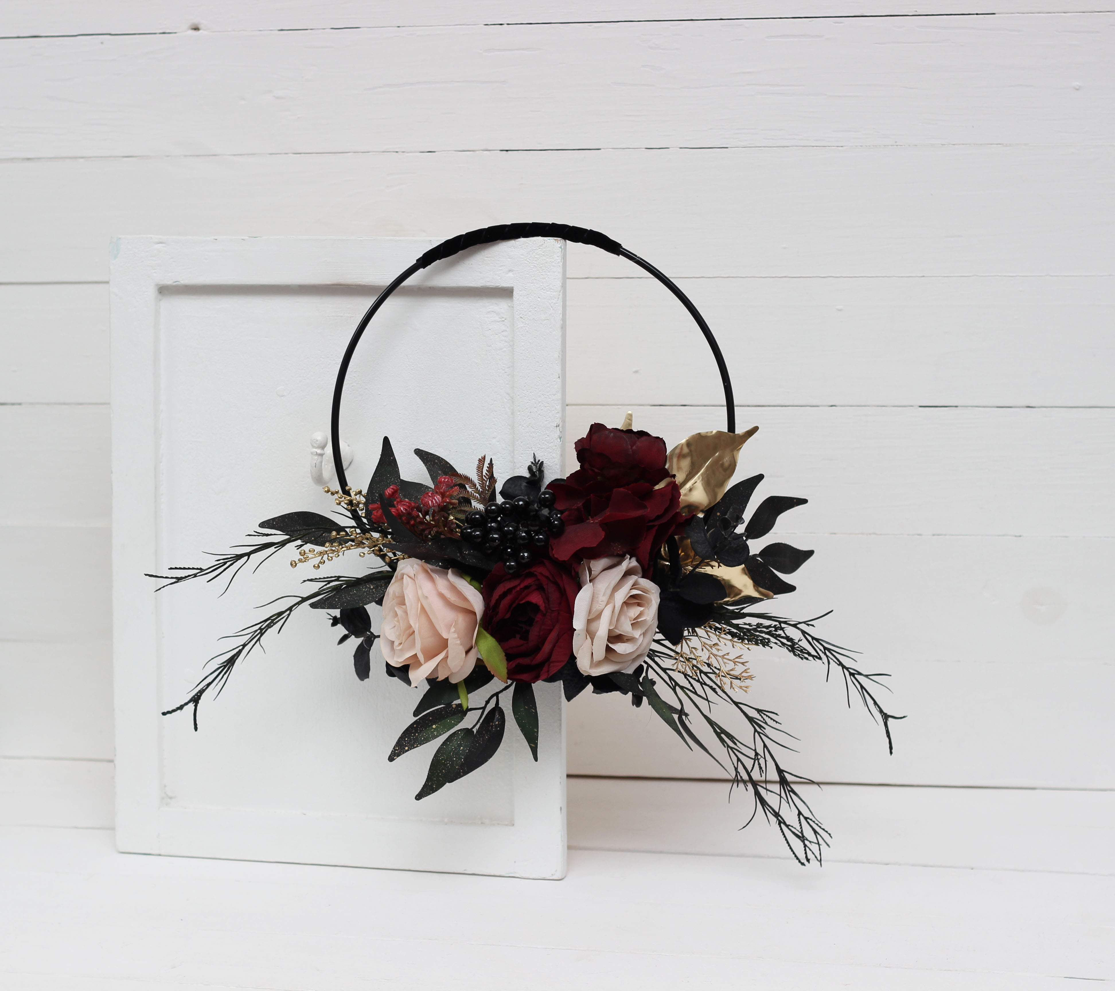 Burgundy black gold and beige bridal bouquet