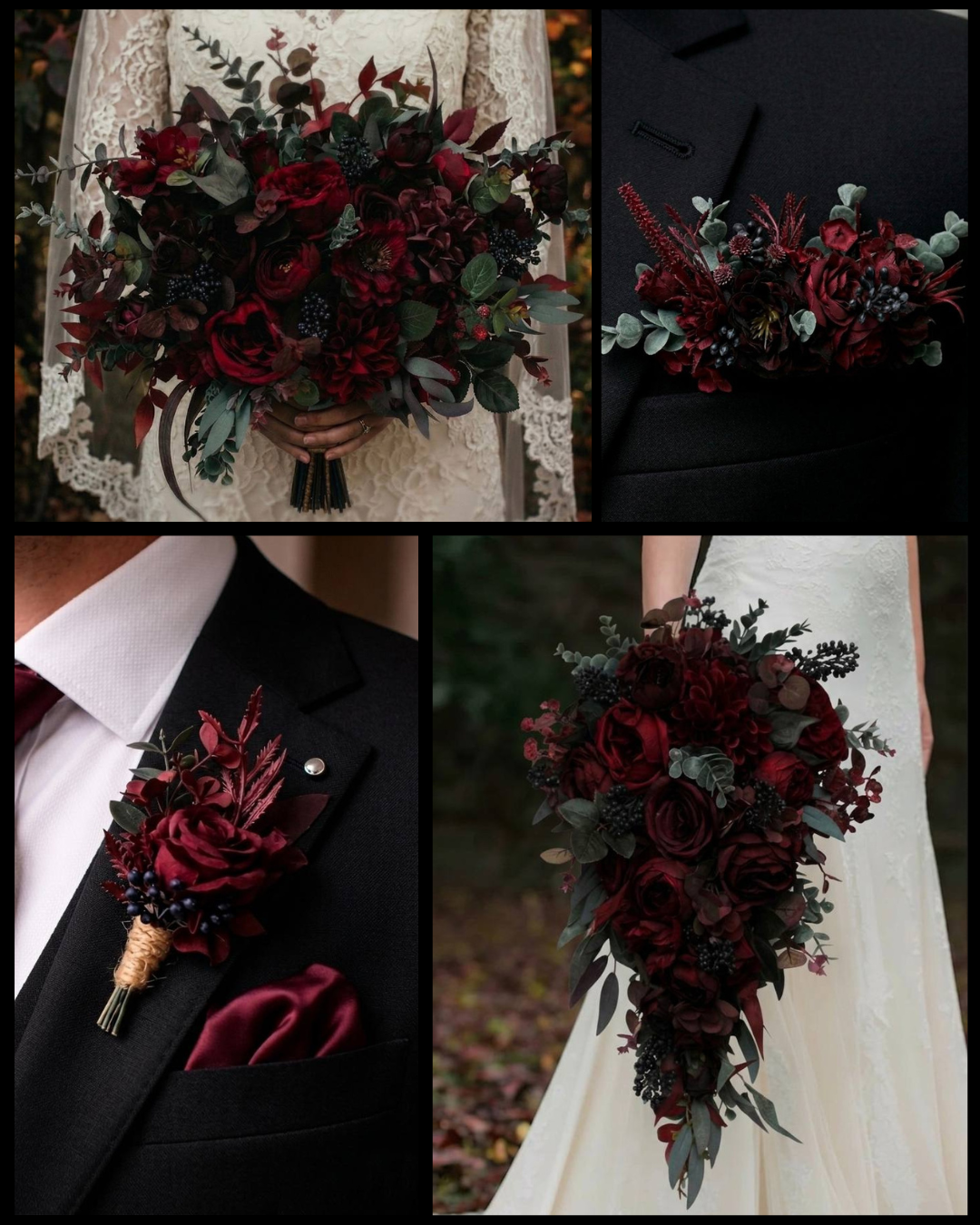 Moody dark burgundy gothic wedding bouquet and boutonniere inspiration board