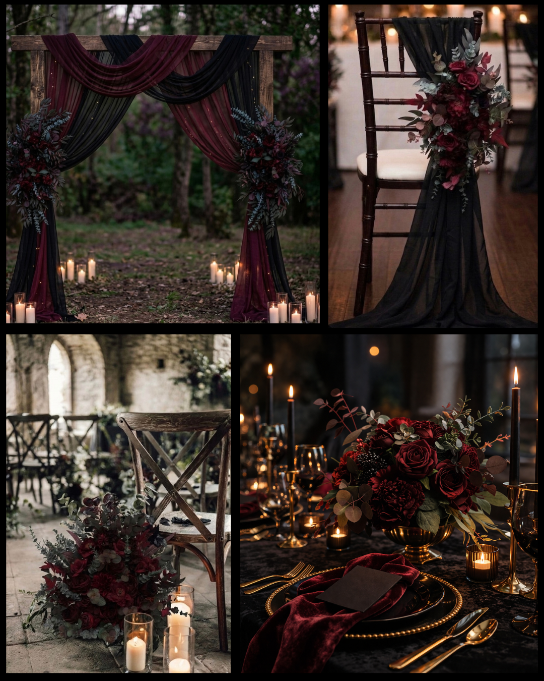 Moody dark burgundy gothic wedding ceremony and reception inspiration board