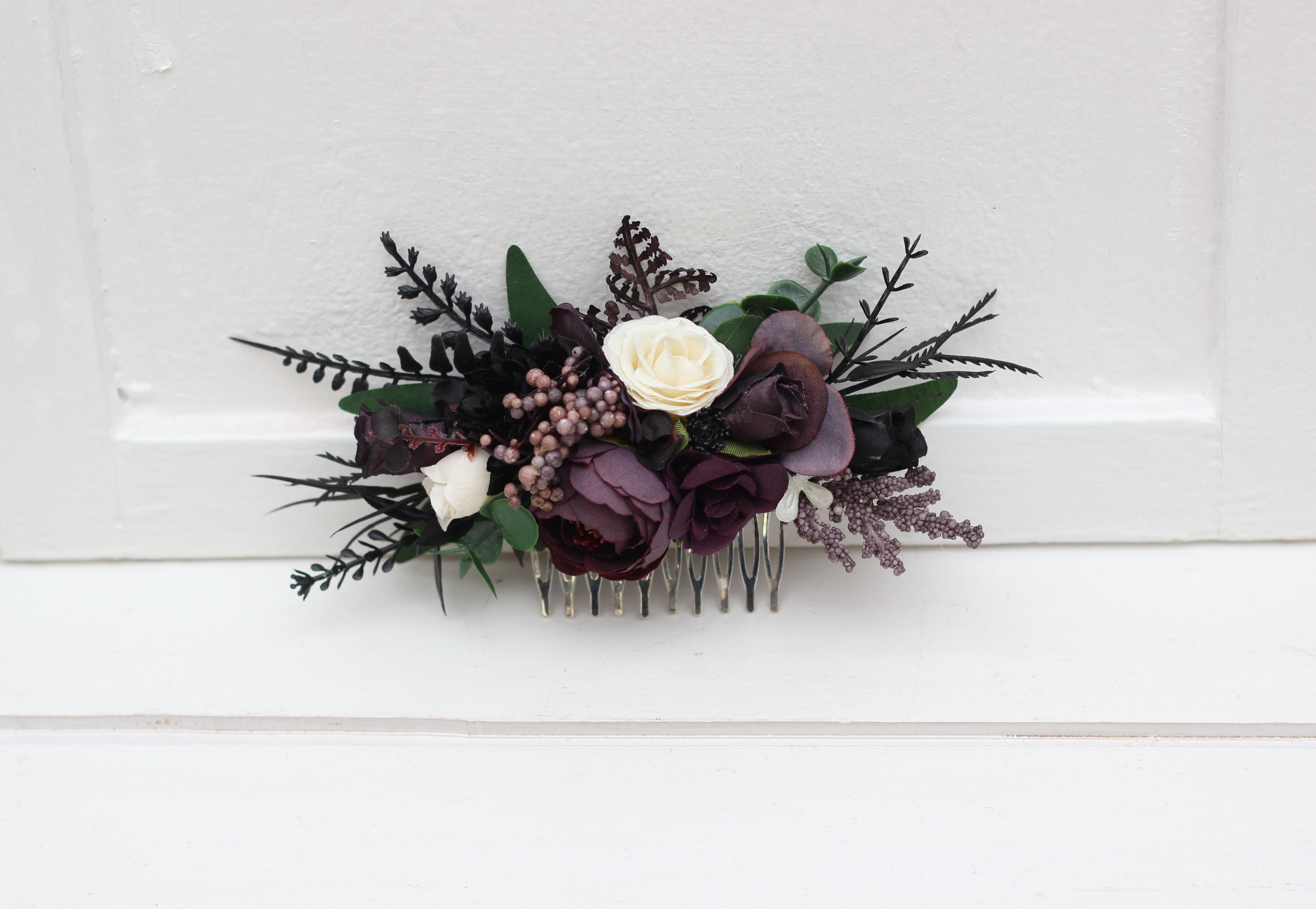 Deep purple black ivory and green wedding boutonniere