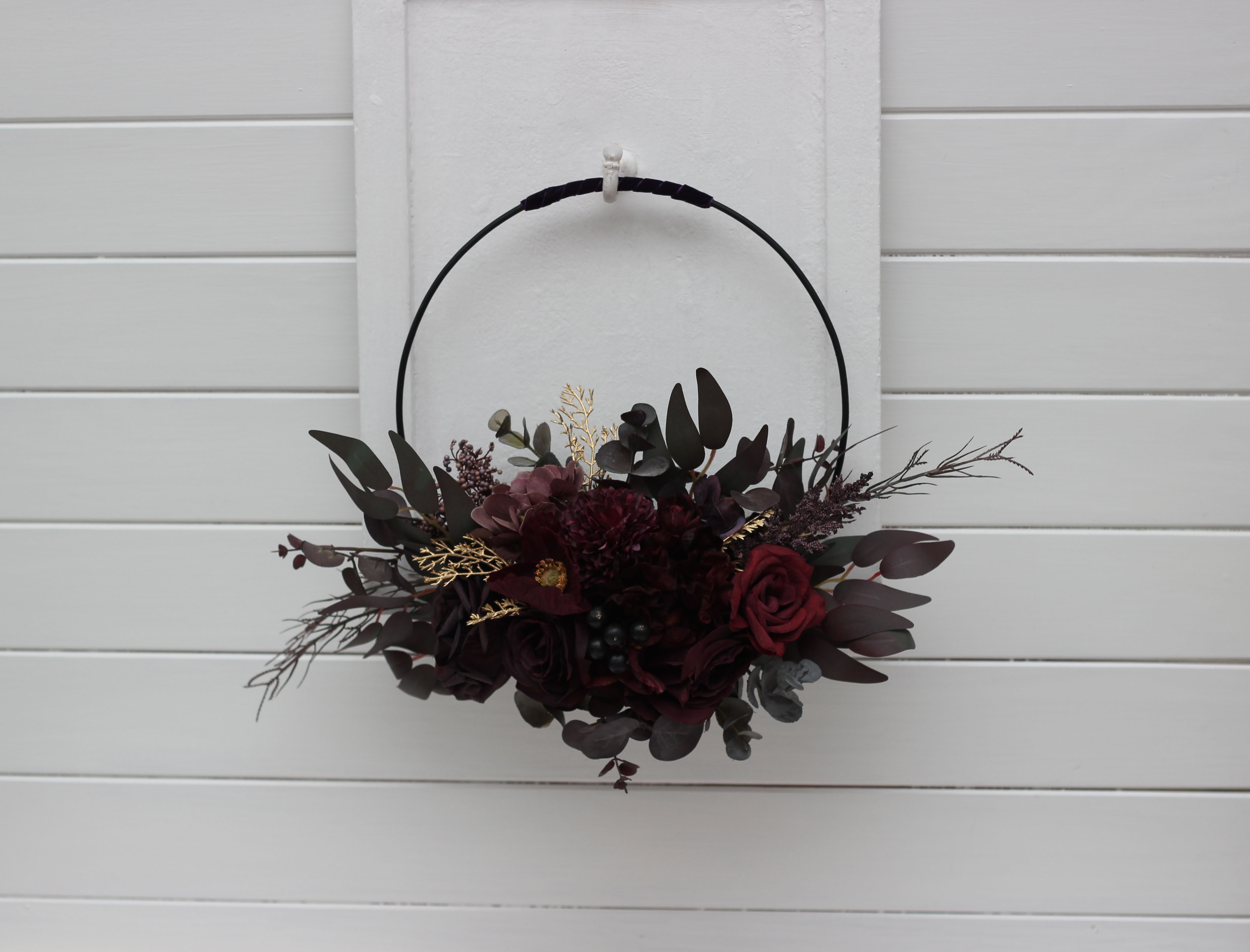 Deep purple burgundy and gold wedding flowers