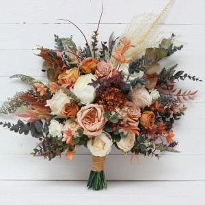 Boho bouquet with pampas grass in orange ivory rust terracotta wedding color scheme. 0029