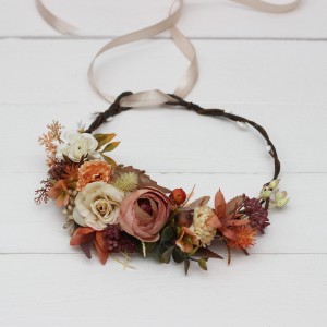 Orange ivory rust terracotta  flower crown. Hair wreath. Flower girl crown. Wedding flowers. 0029