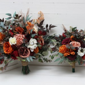 Bouquets in burgundy rust ivory cinnamon color theme. Bridal bouquet. Faux bouquet. Bridesmaid bouquet.Cascading bouquet. 0039