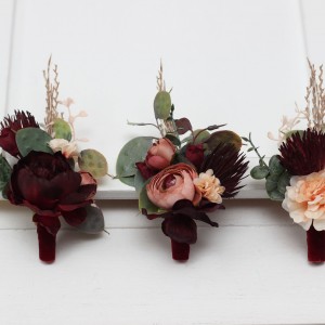 Wedding boutonnieres and wrist corsage  in  burgundy dusty rose peach color theme. Flower accessories. 0501