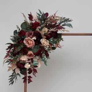 Burgundy red and dusty rose arch flowers – fall wedding pergola arrangement. 0501