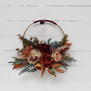 Flower hoop in burgundy burnt orange rust peach colors. Alternative bridesmaid bouquet. 0502