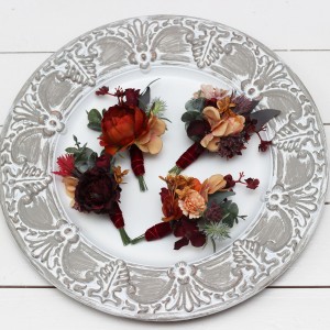 Wedding boutonnieres and wrist corsage  in  burgundy burnt orange rust peach  color theme. Flower accessories. 0502